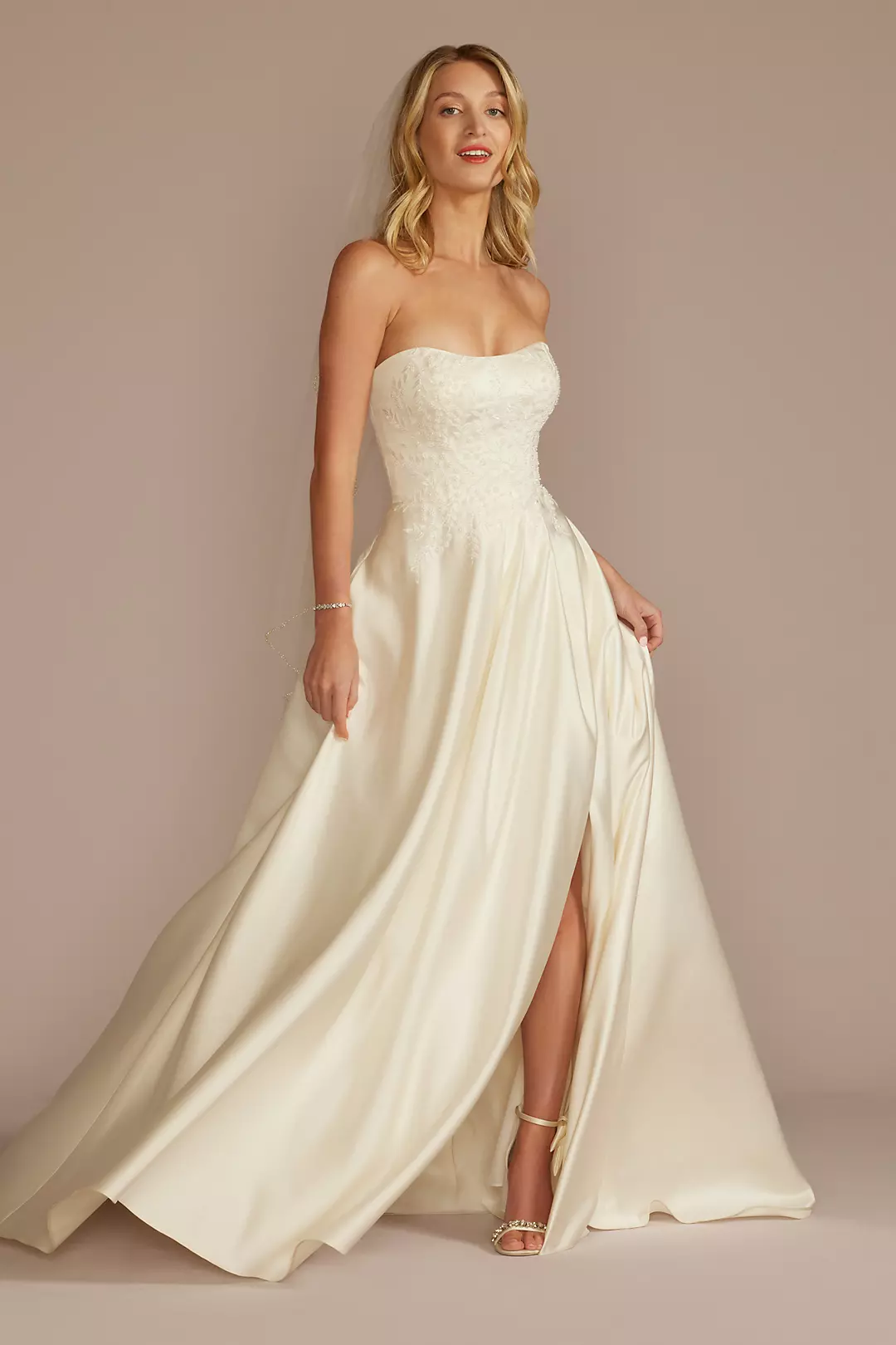 Embroidered Pleated Satin Ball Gown Wedding Dress - Image 9