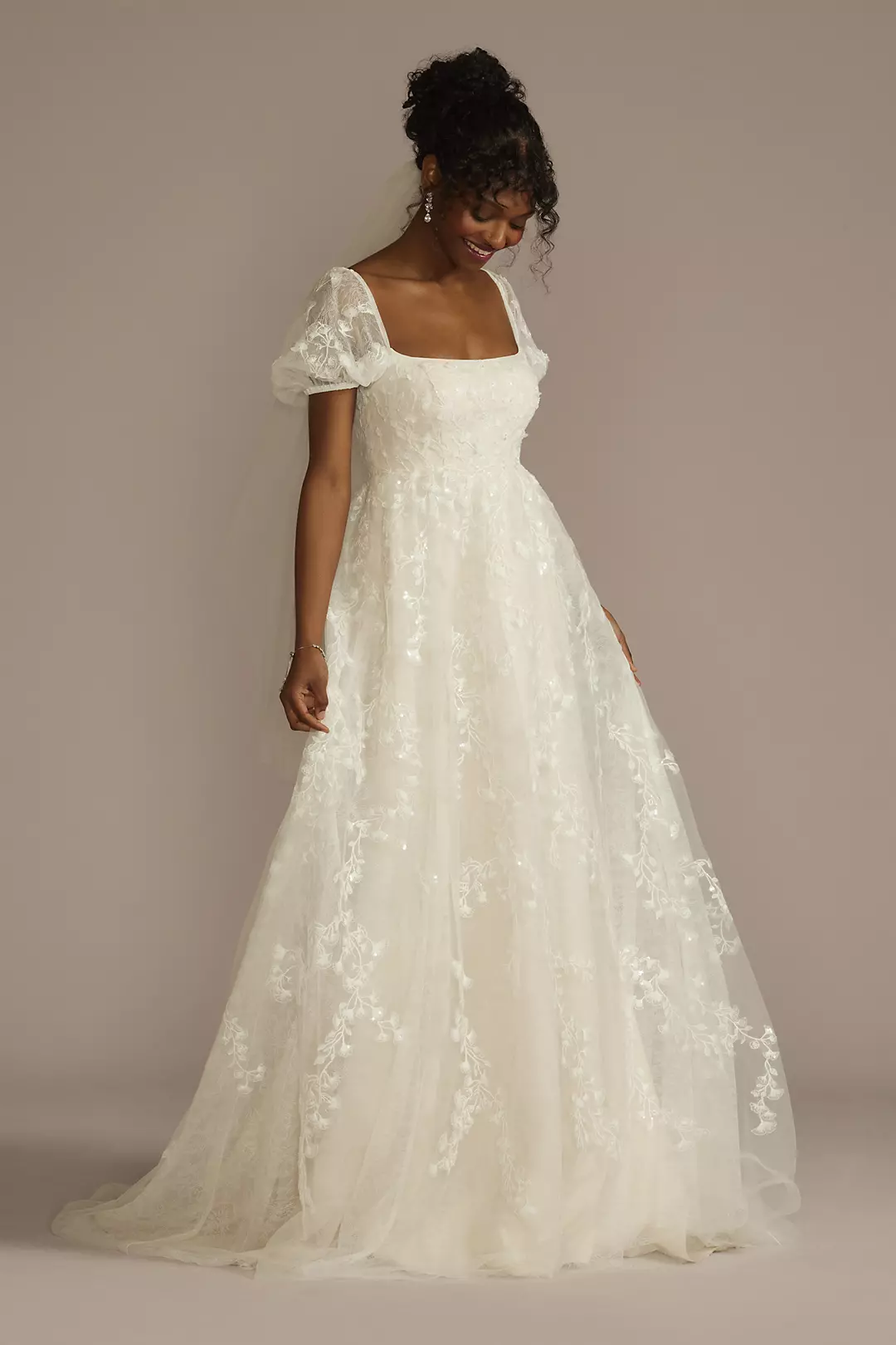 Embroidered Puff Sleeve Empire Waist Wedding Dress - Image 2