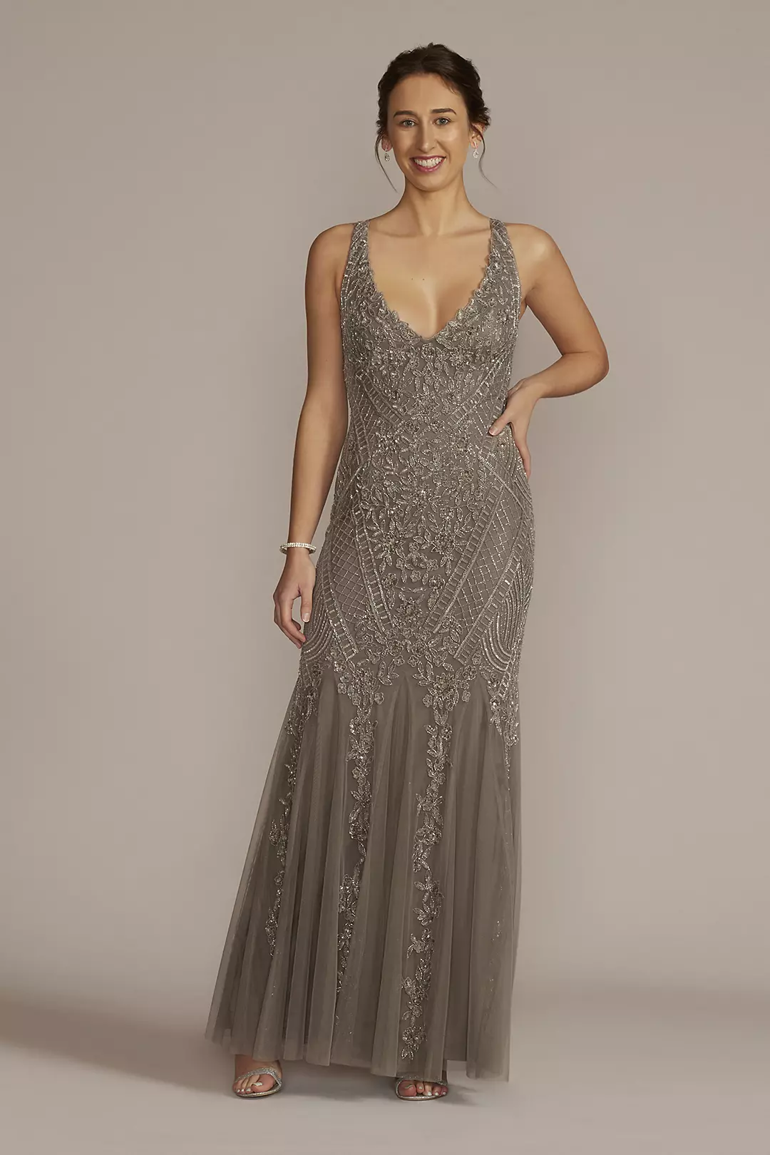 Embroidered Sequin Tank Gown with Godet Skirt - Image 2
