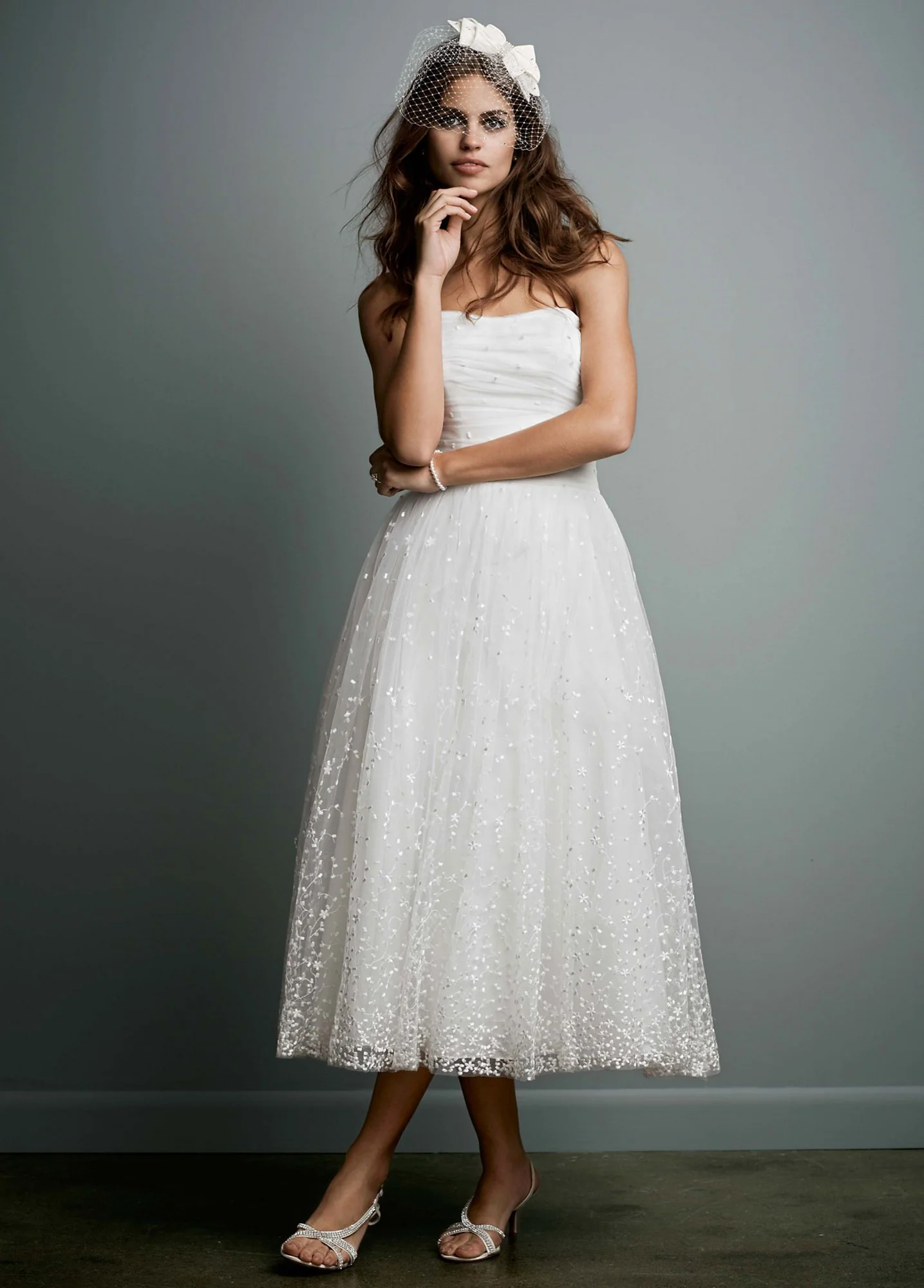 Embroidered Tea Length Gown with Ruched Waist - Image 3