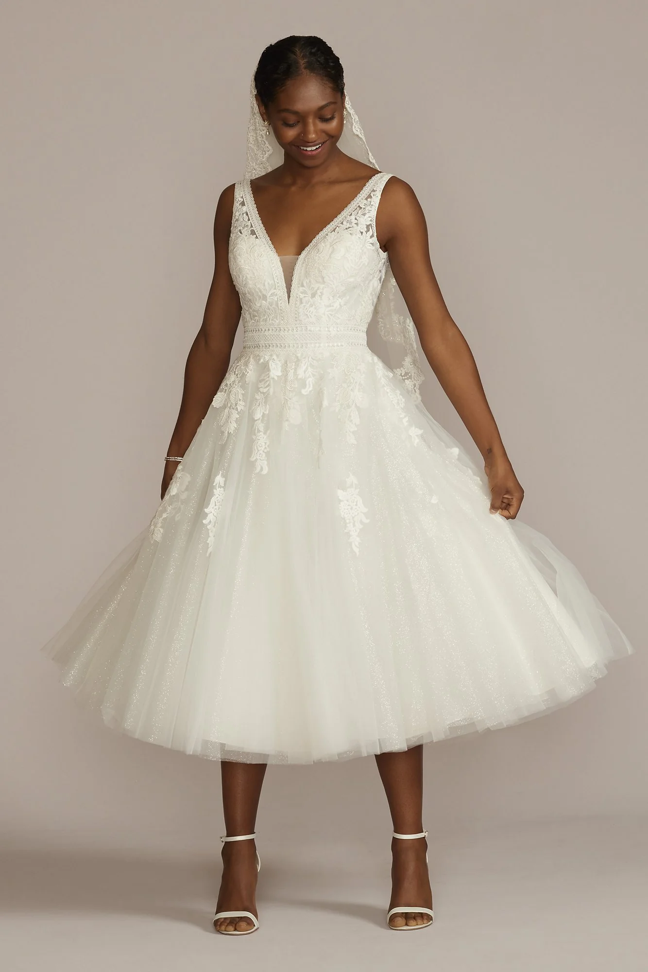 Embroidered V-Neck Tea-Length Wedding Dress - Image 5