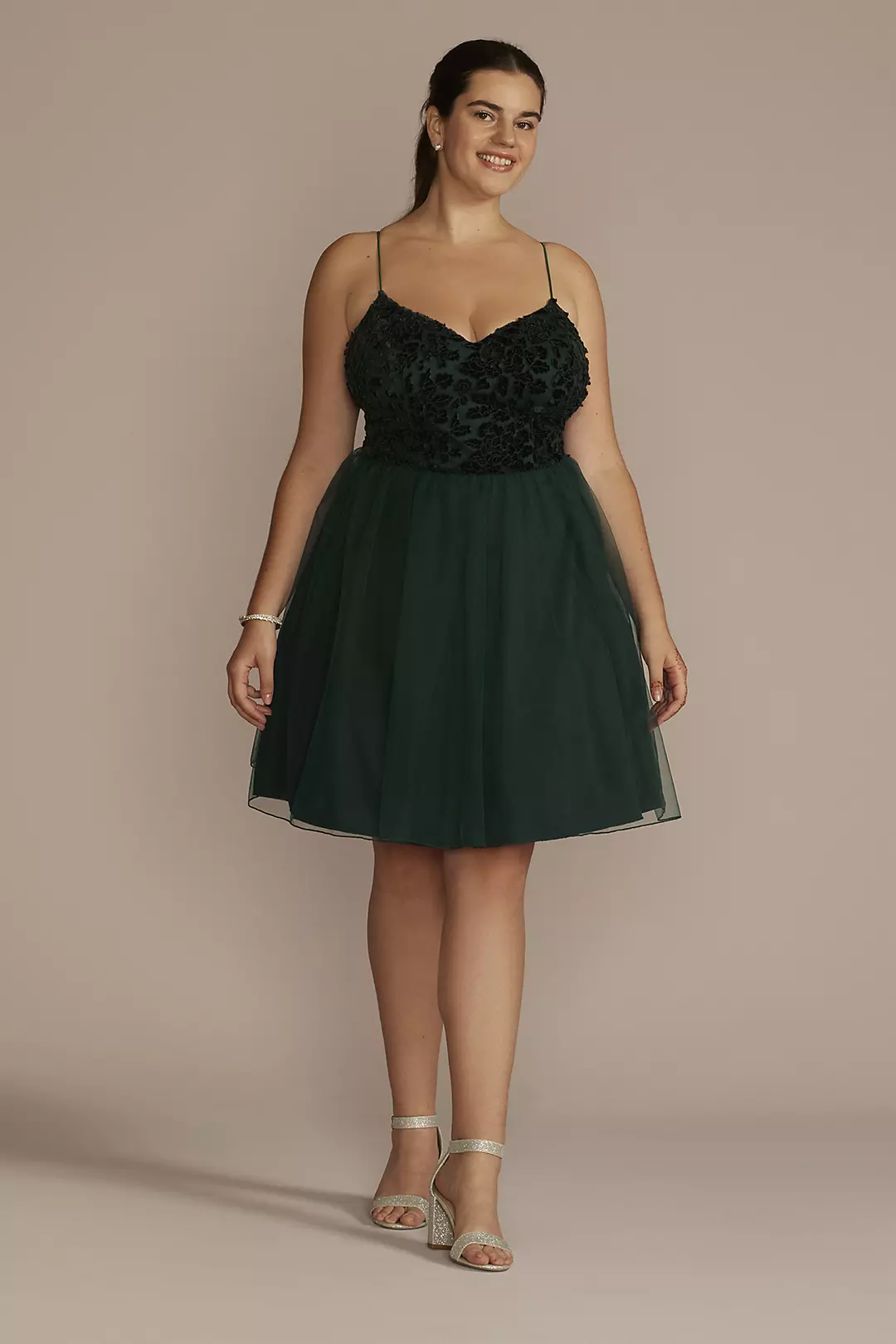 Embroidered Velvet A-Line Dress with Tulle Skirt - Image 3