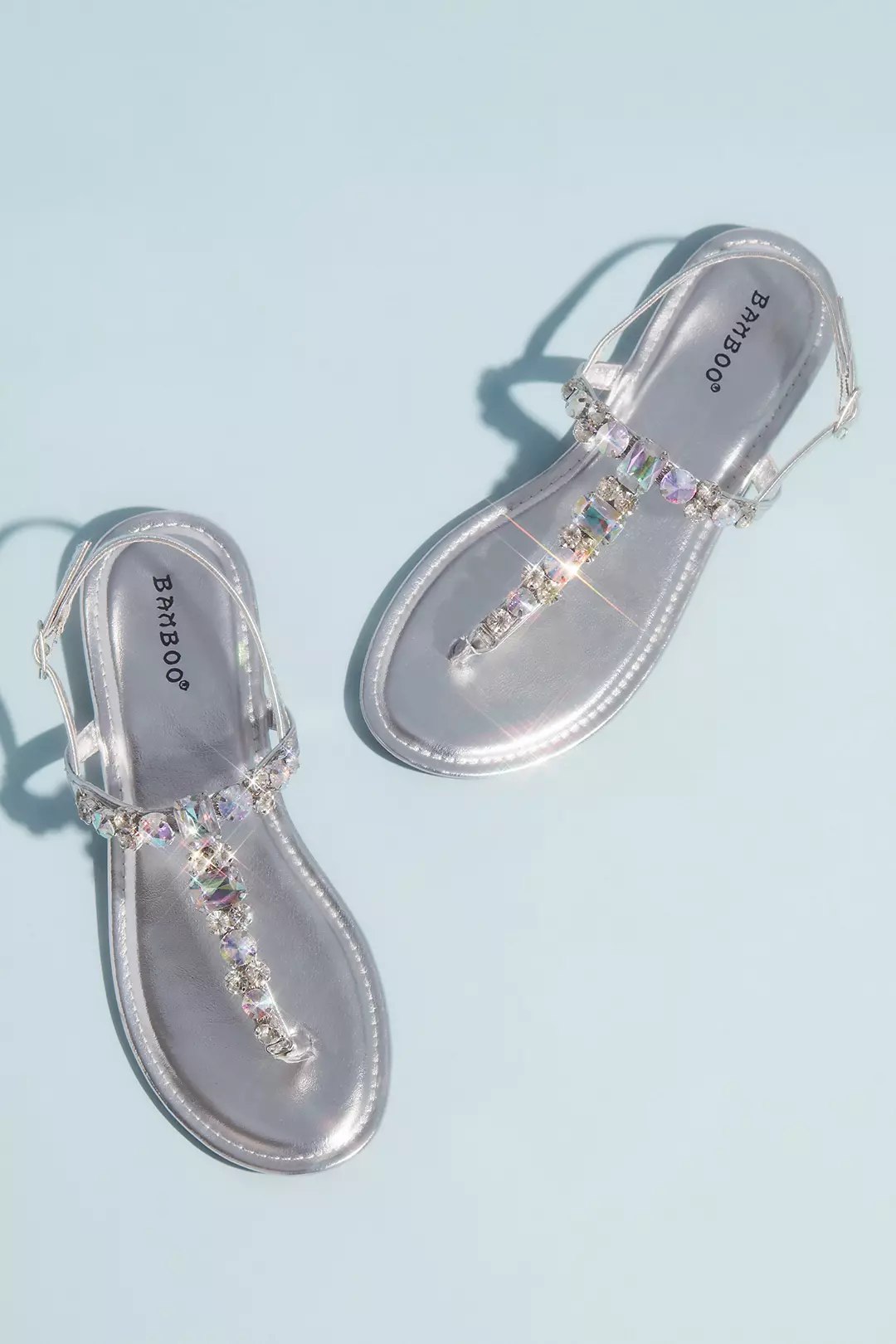 Faceted Crystal Metallic T-Strap Sandals - Image 2