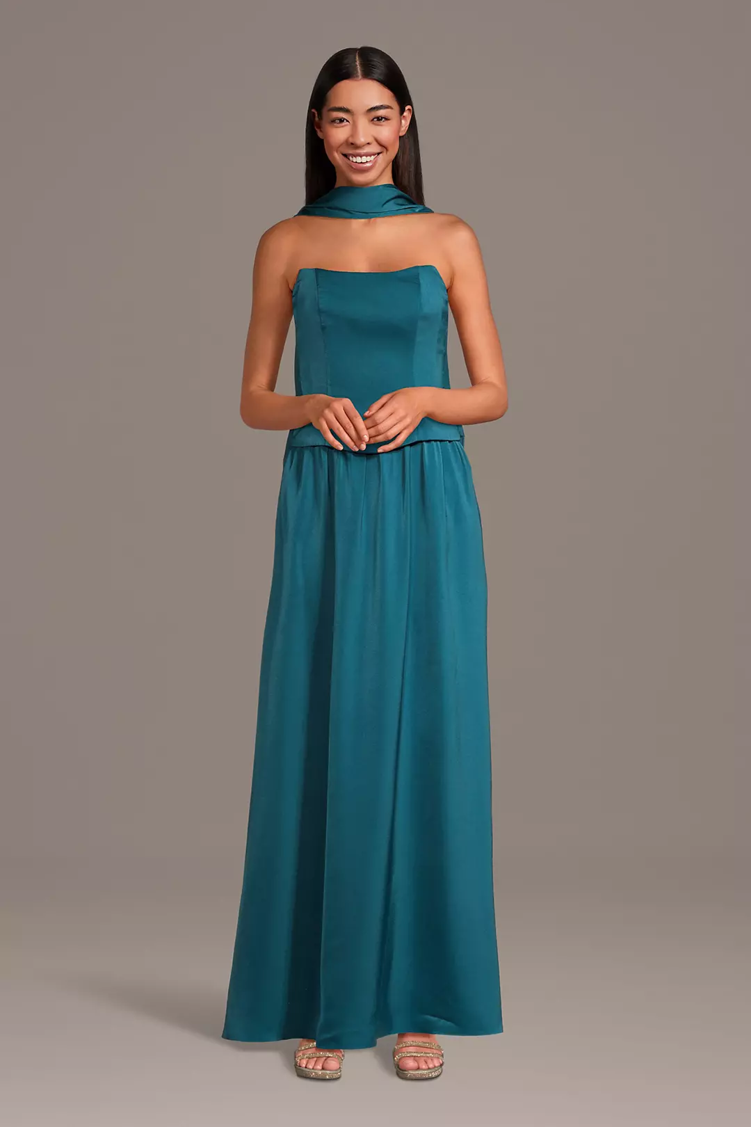 Faux Two-Piece Charmeuse Dress with Matching Scarf