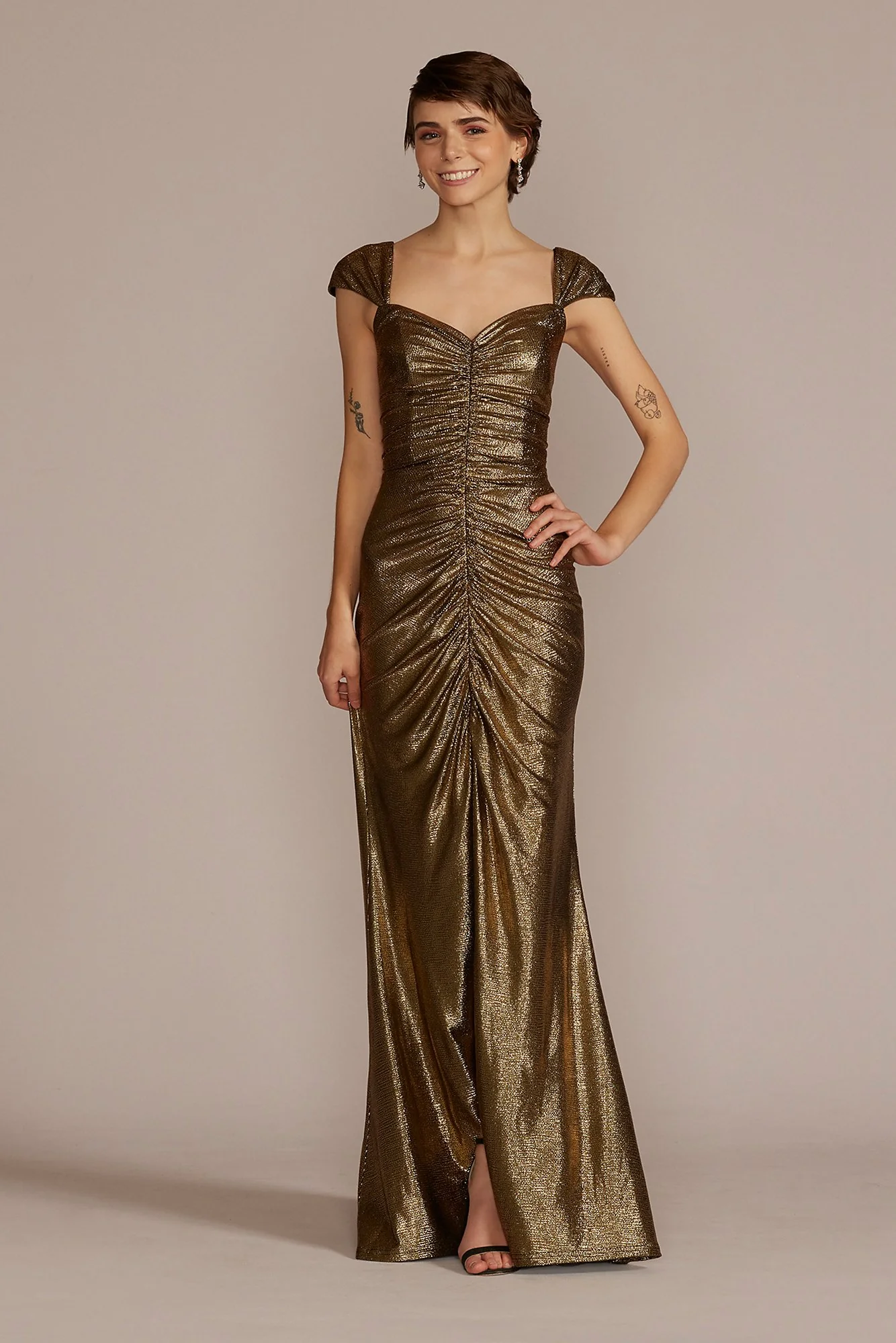 Floor Length Cap Sleeve Ruched Gown with Slit