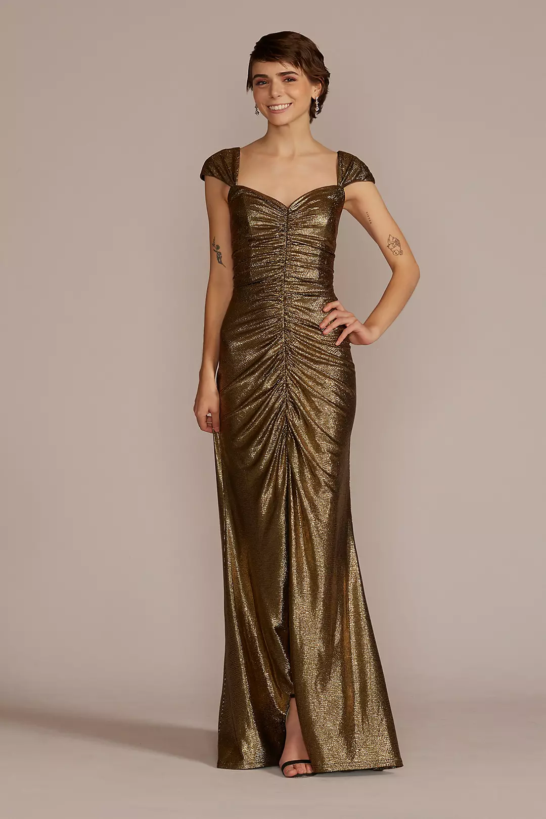 Floor Length Cap Sleeve Ruched Gown with Slit - Image 4