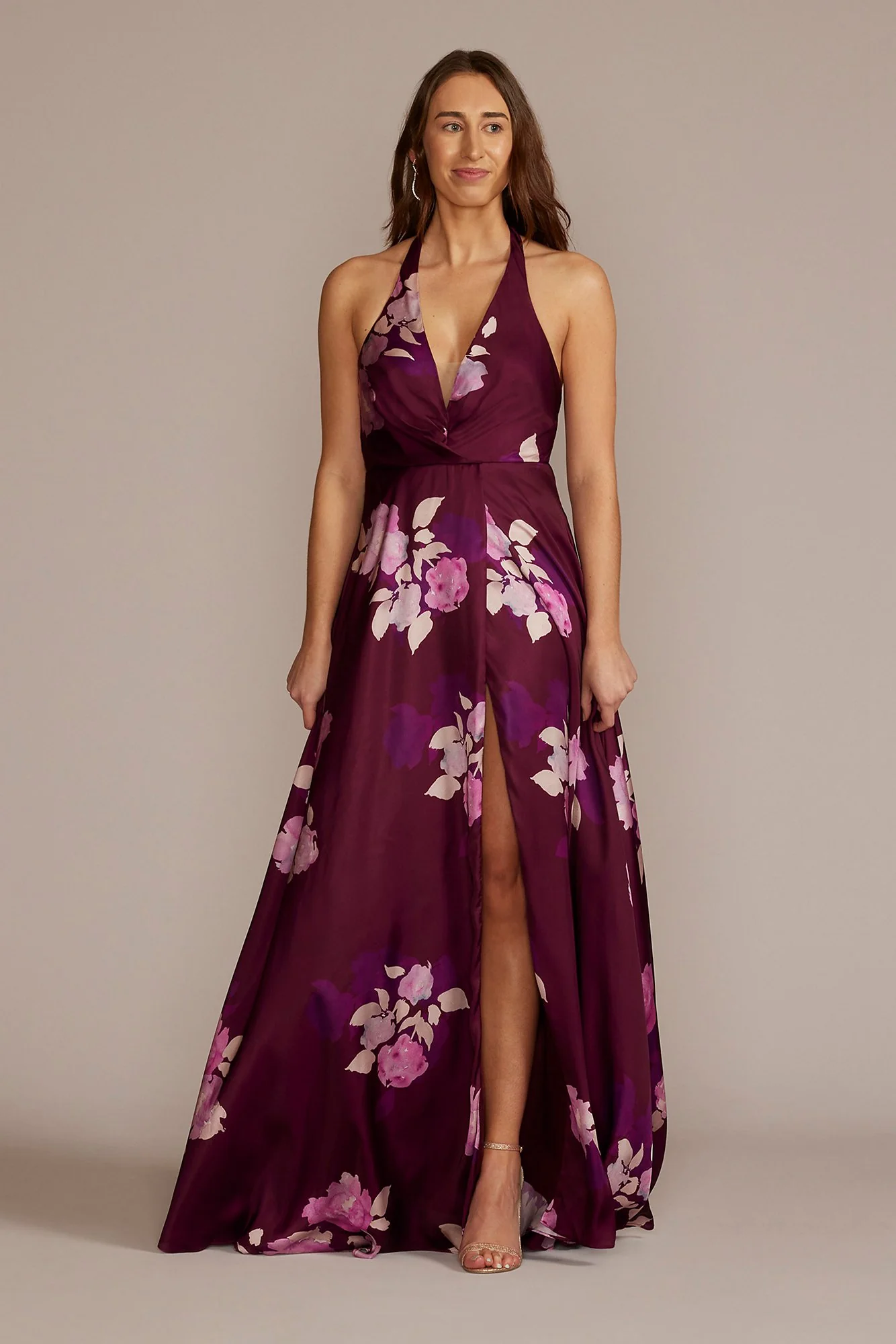 Floor Length Floral Print Halter A-Line with Slit