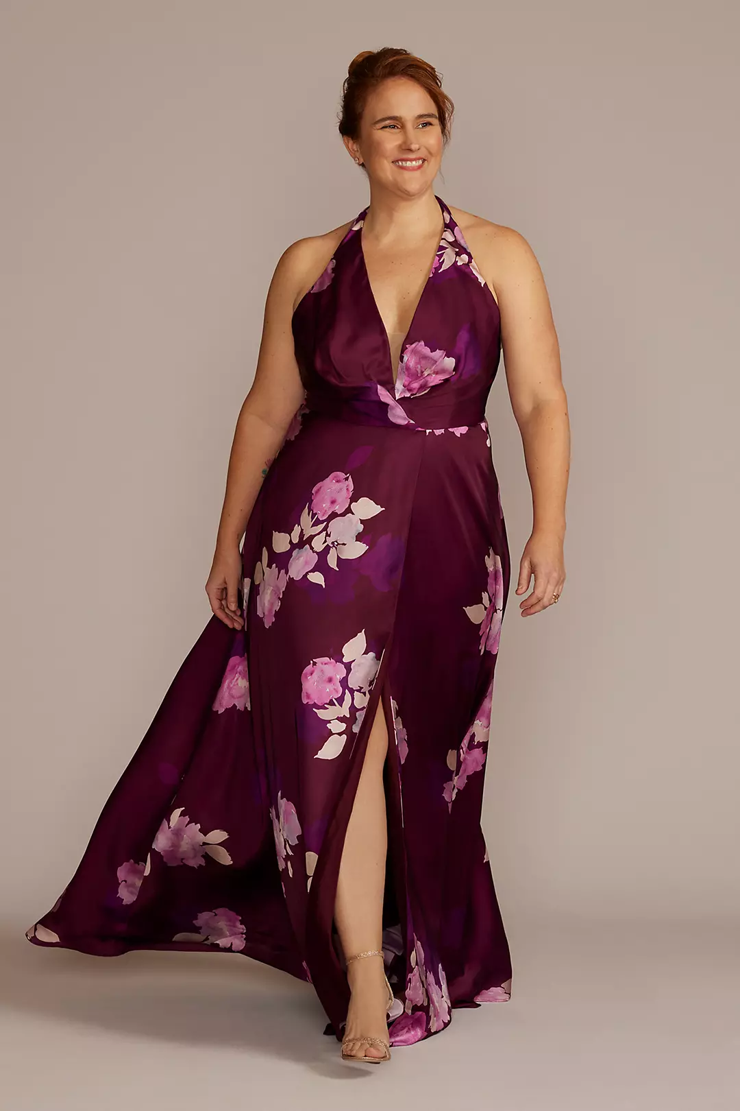 Floor Length Floral Print Halter A-Line with Slit - Image 2