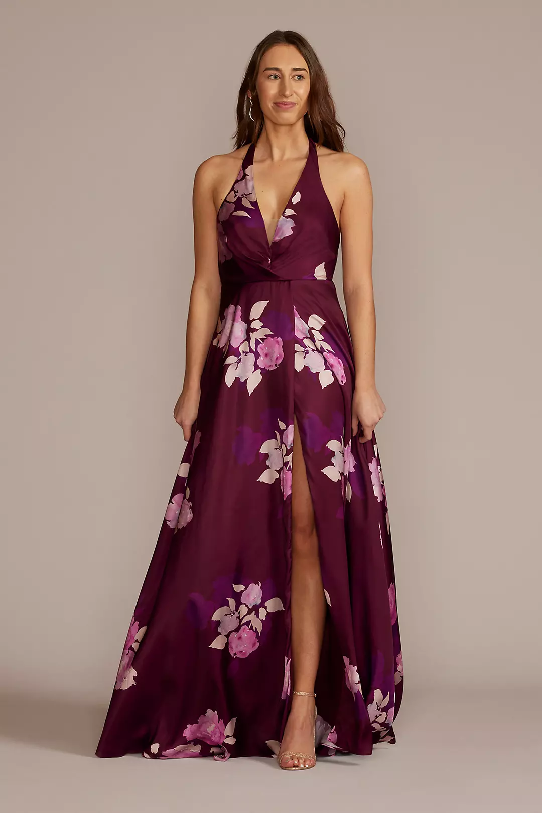 Floor Length Floral Print Halter A-Line with Slit - Image 5