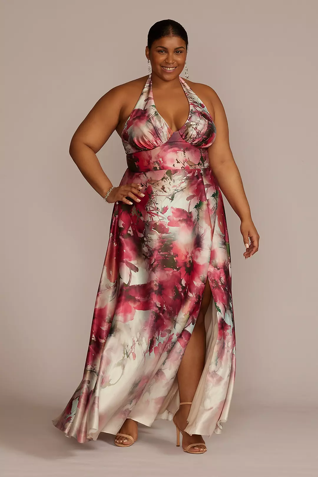 Floor Length Floral Print Halter Dress with Slit - Image 4