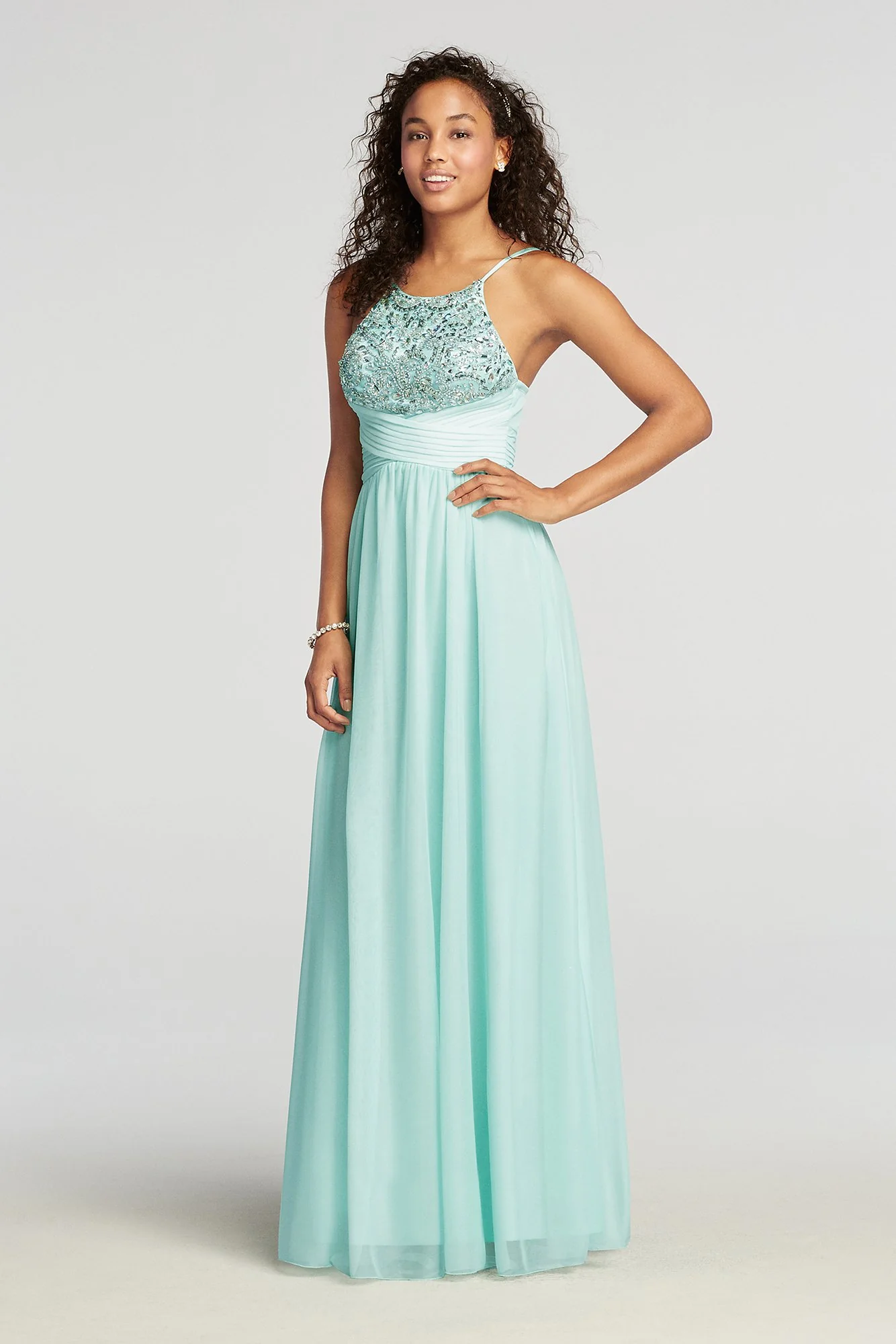 Floor Length Halter Mesh Prom Dress with Beading - Image 2