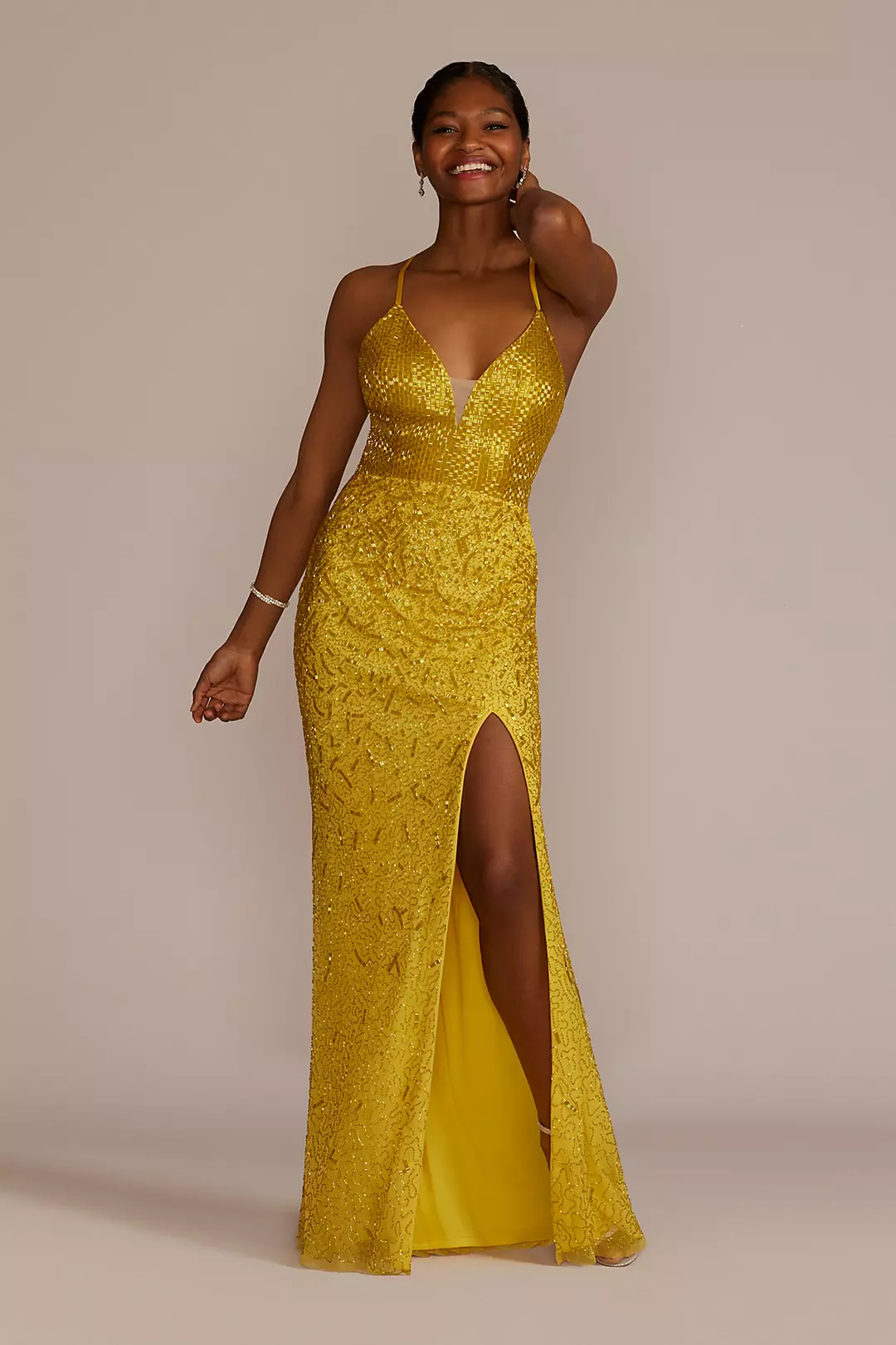 Floor Length Sequin Sheath Gown with Skirt Slit - Image 6