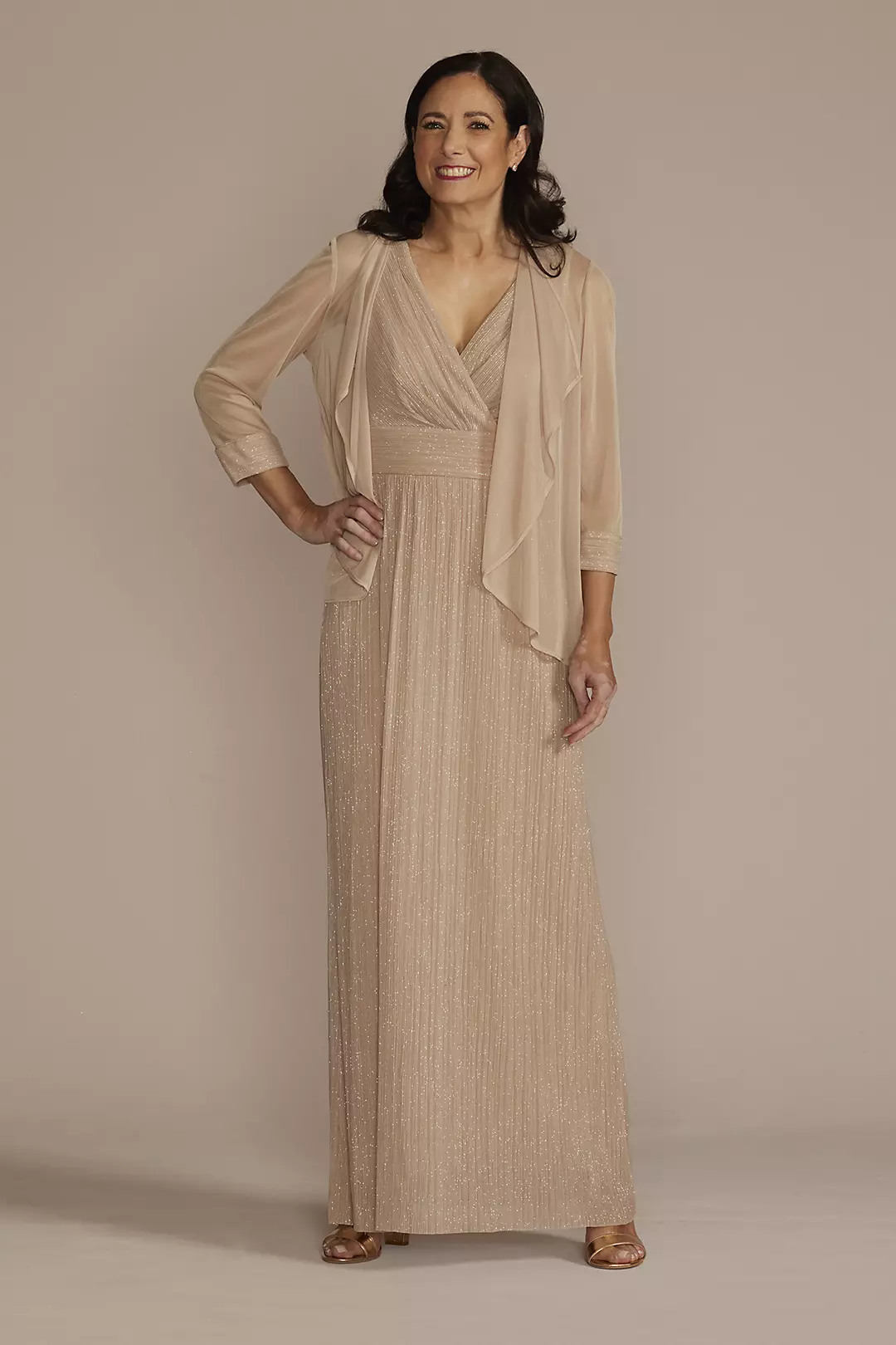 Floor Length V-Neck Metallic Sheath Jacket Dress - Image 3