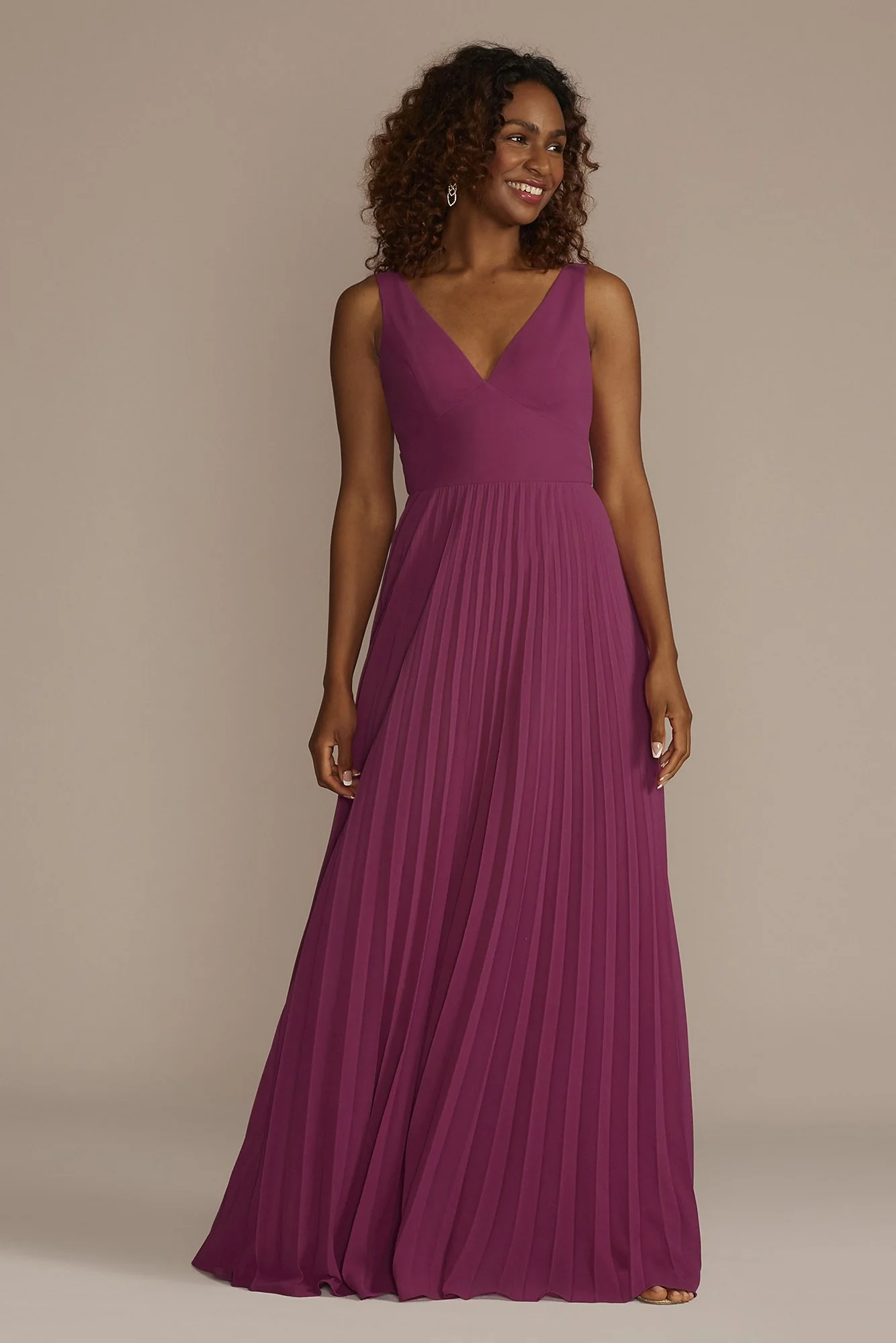 Floor Length V-Neck Pleated Chiffon A-Line Dress - Image 2
