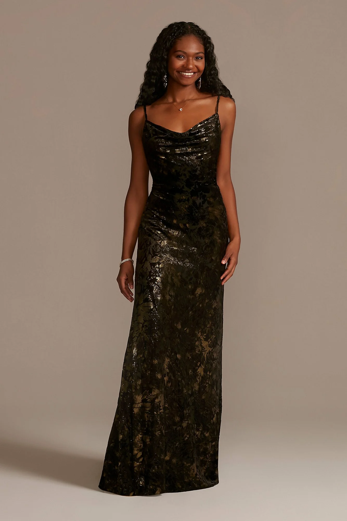 Floor Length Velvet Cowl Neck Sheath Dress