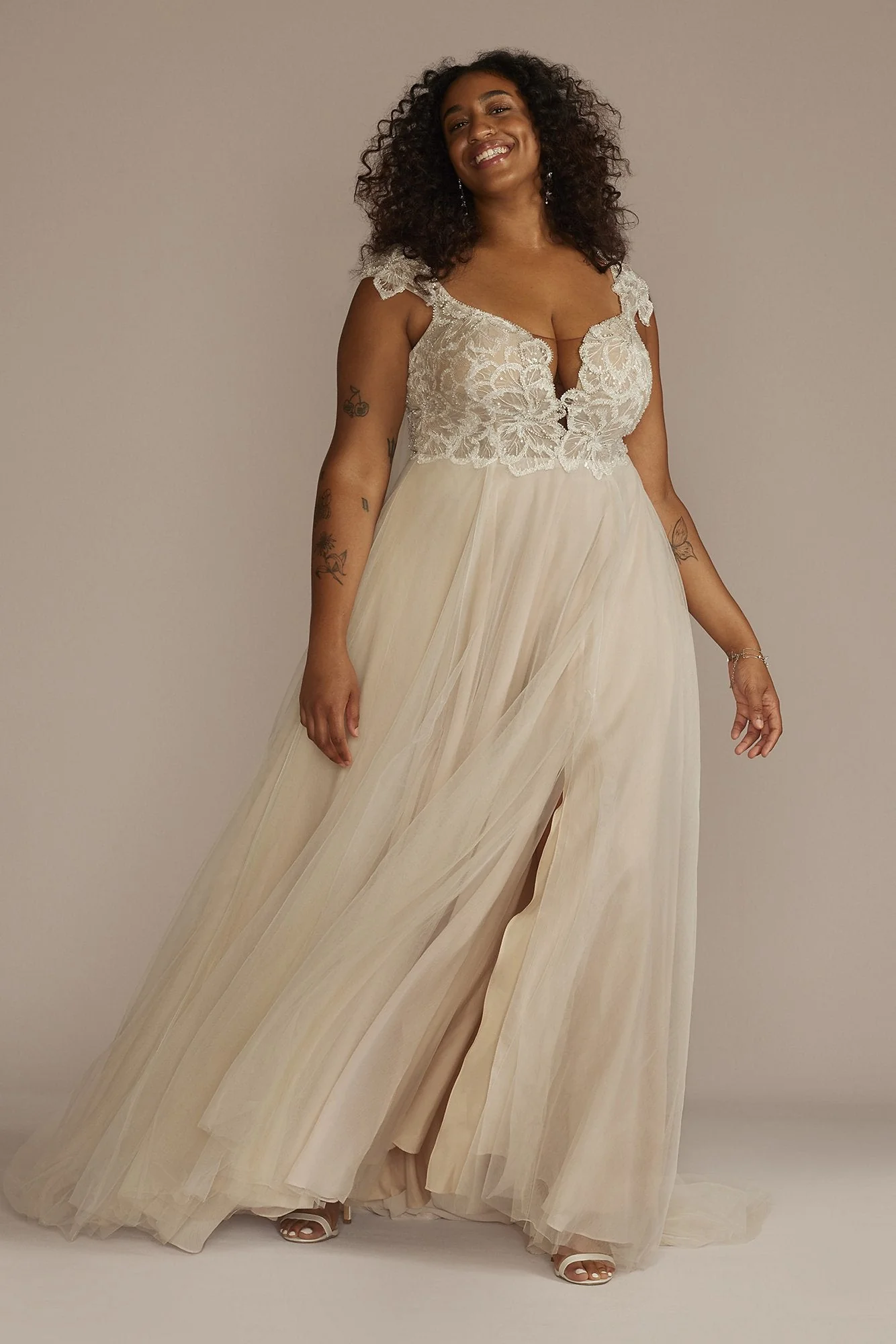 Floral Applique Cap Sleeve Wedding Gown - Image 14