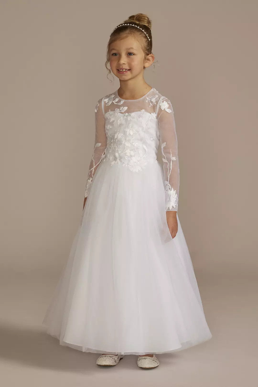 Floral Applique Long Sleeve Communion Dress - Image 3