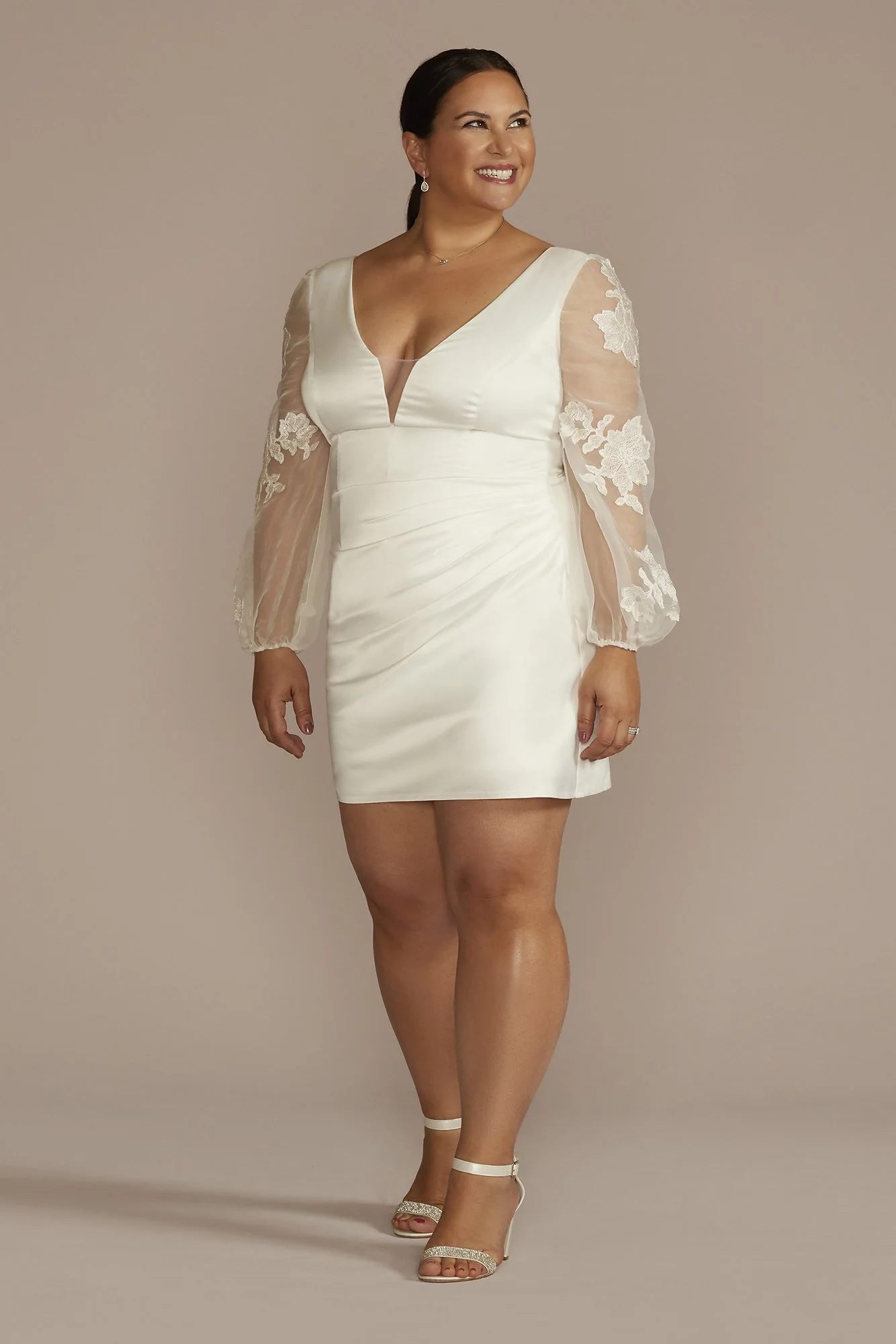 Floral Applique Long Sleeve Satin Mini Dress - Image 2