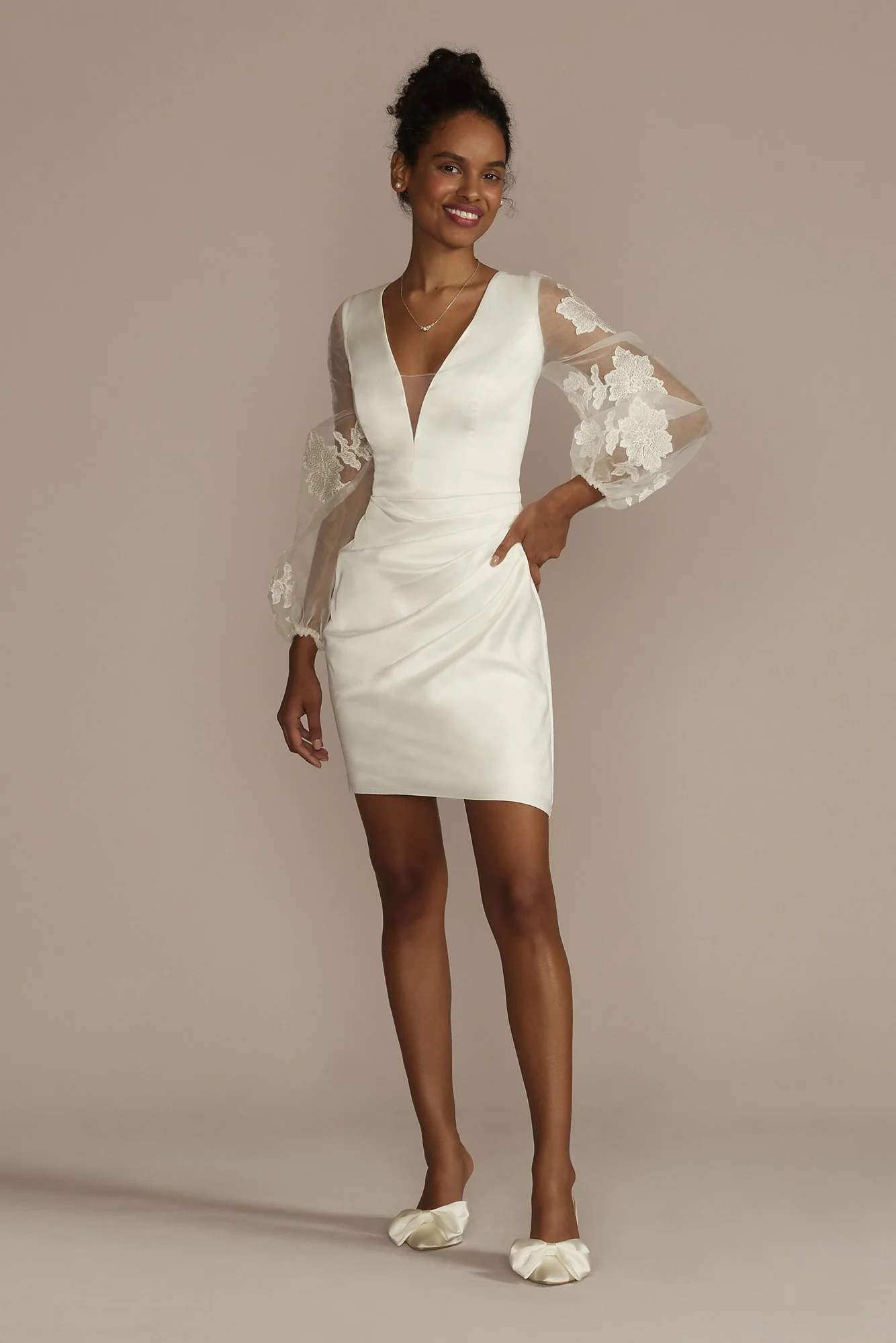 Floral Applique Long Sleeve Satin Mini Dress - Image 3