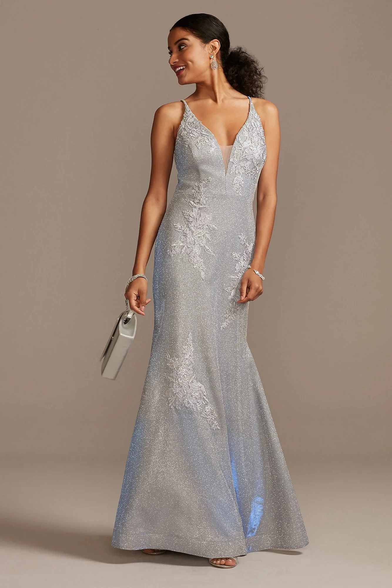 Floral Applique Metallic Glitter Plunge Gown