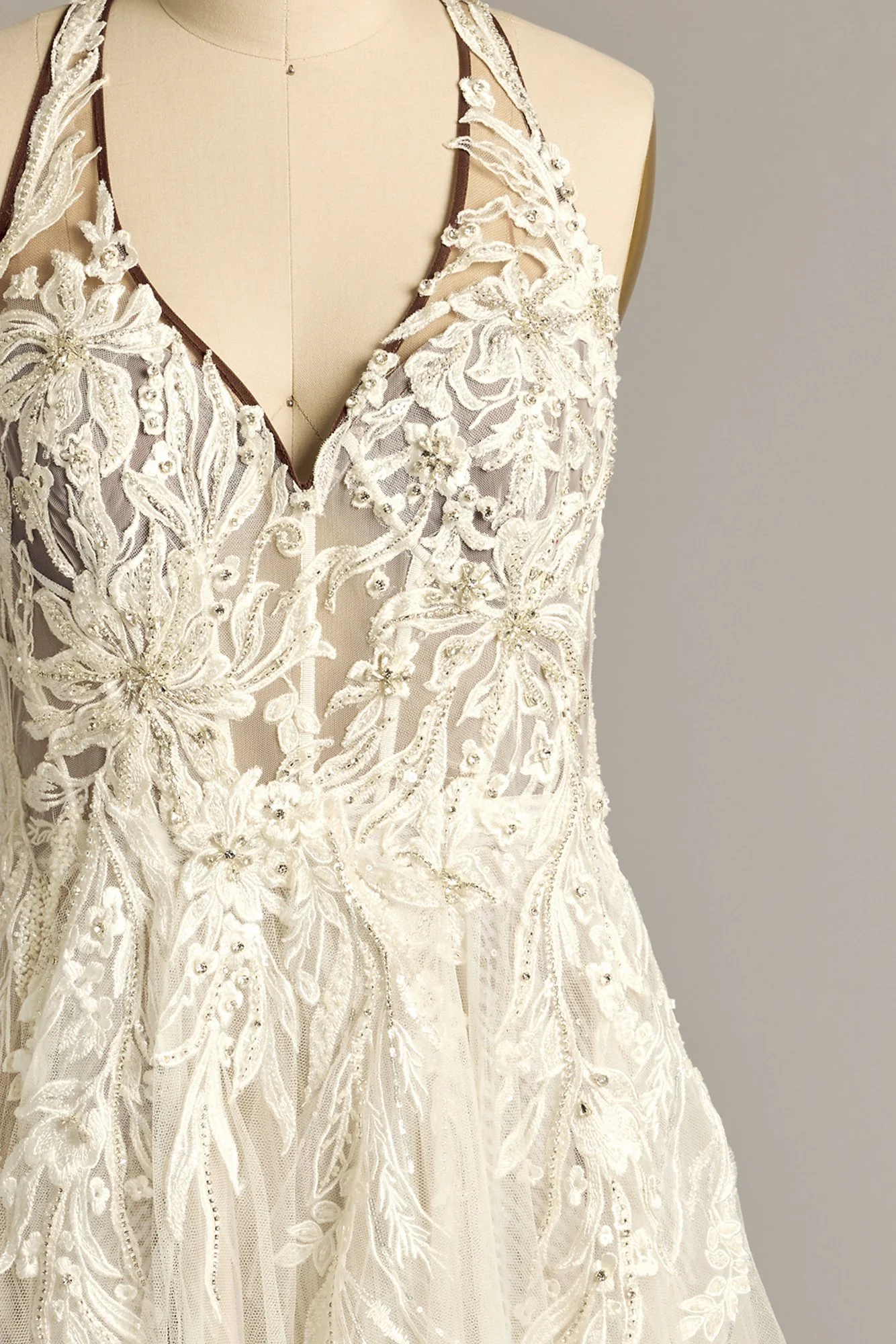 Floral Applique Open Back Halter Wedding Dress - Image 18