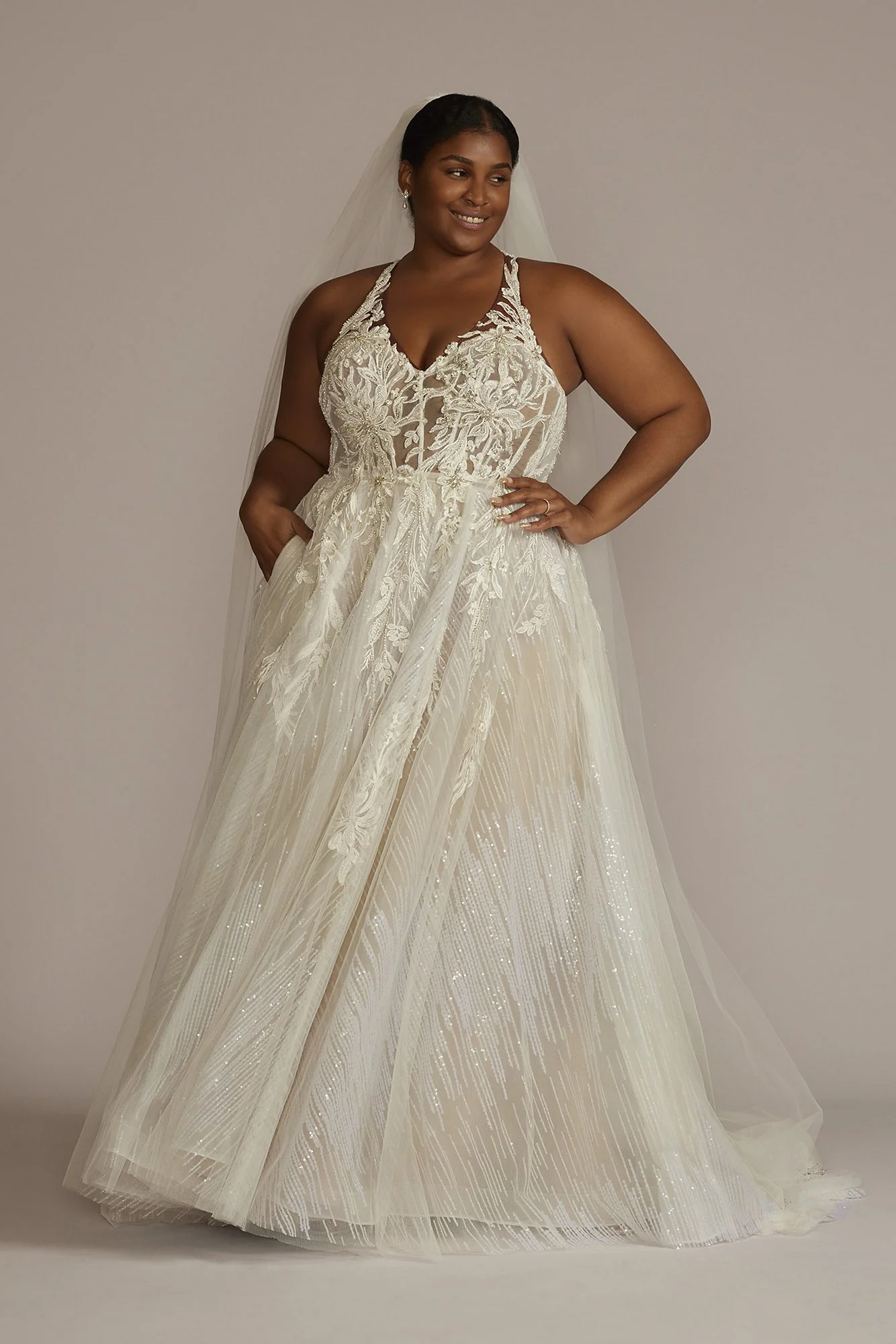 Floral Applique Open Back Halter Wedding Dress - Image 25
