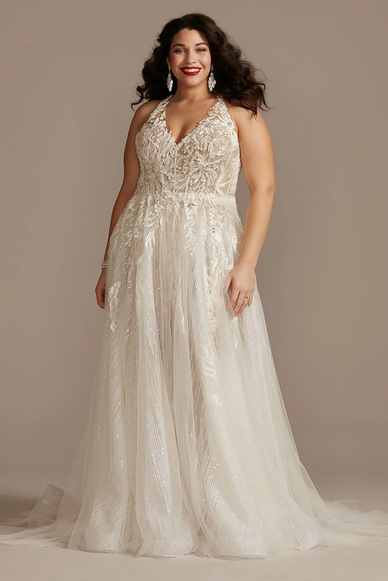 Floral Applique Open Back Halter Wedding Dress - Image 50