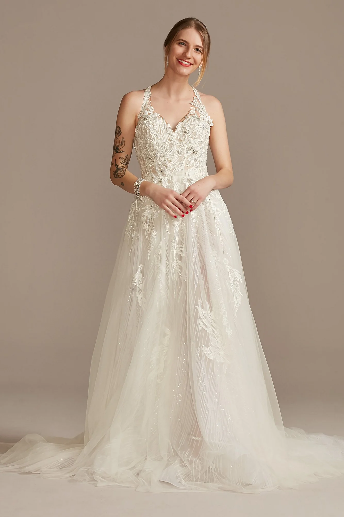 Floral Applique Open Back Halter Wedding Dress - Image 51