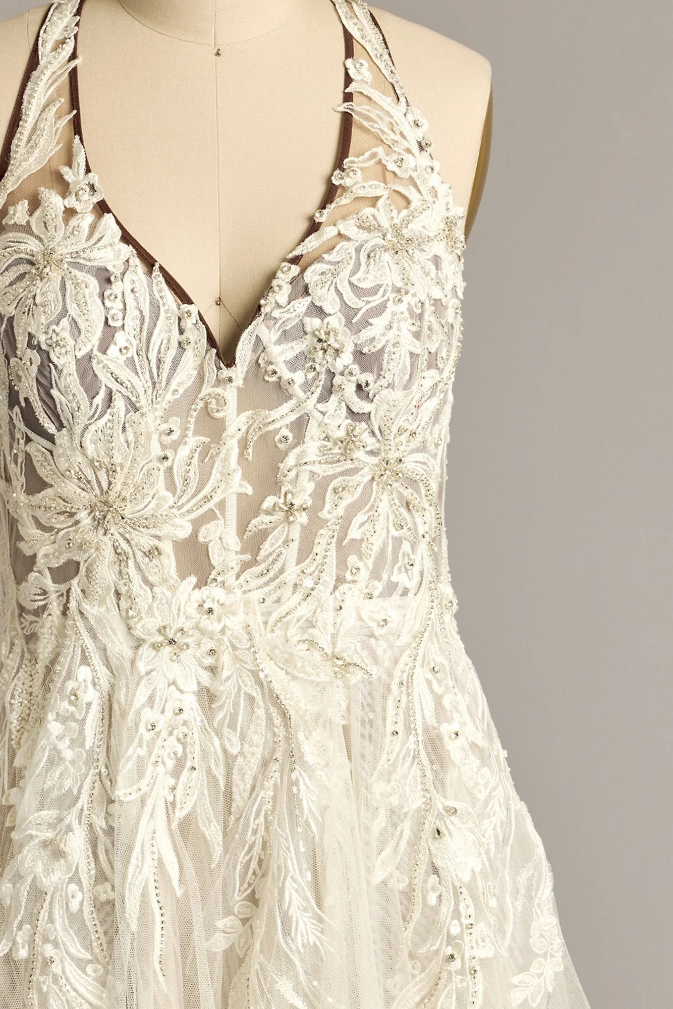Floral Applique Open Back Halter Wedding Dress - Image 61