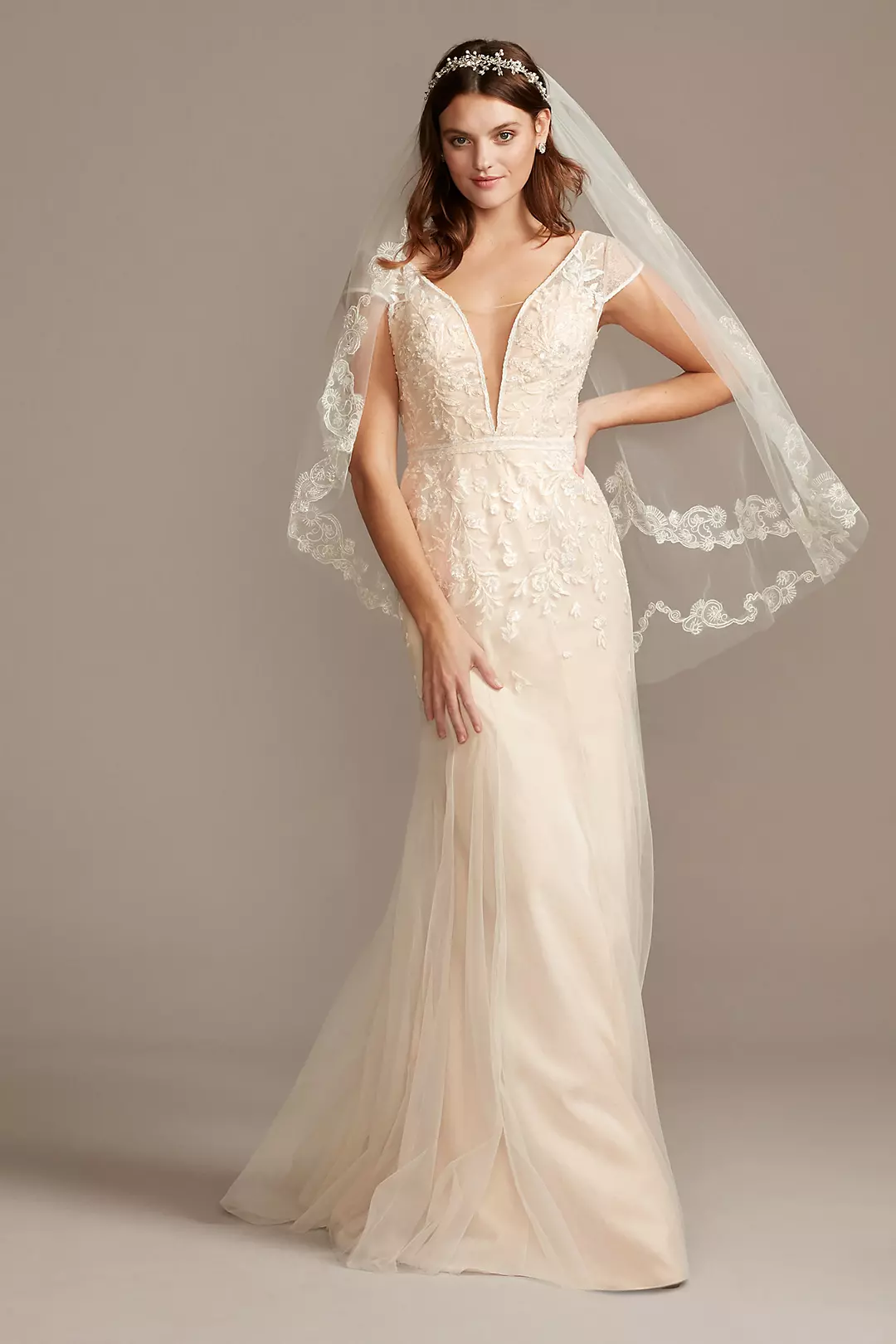 Floral Applique Tulle Cap Sleeve Wedding Dress - Image 15