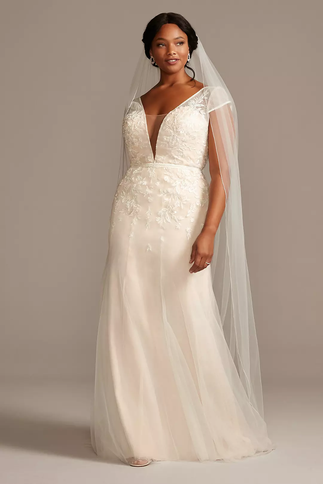 Floral Applique Tulle Cap Sleeve Wedding Dress - Image 20
