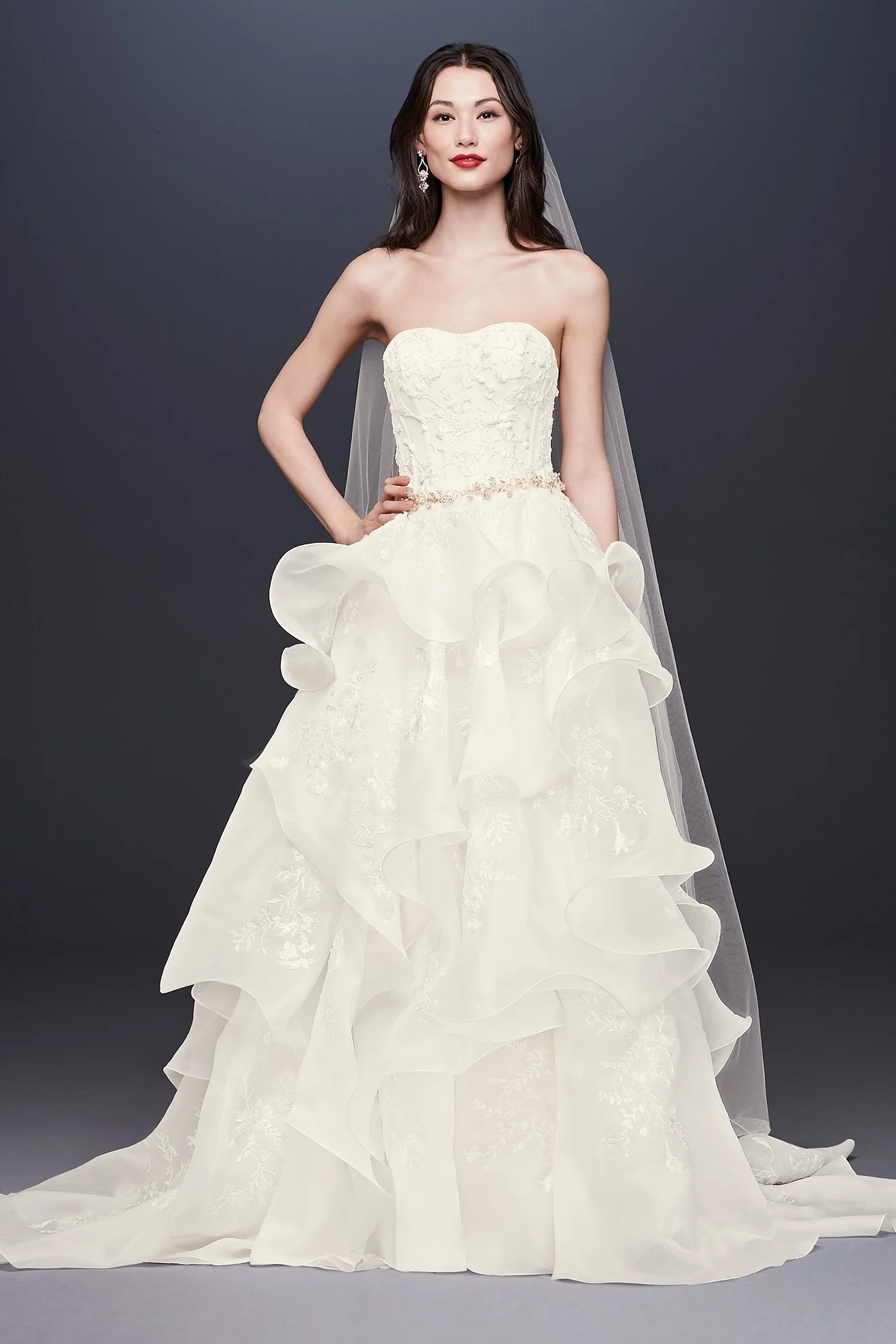 Floral Applique Wedding Dress with Tiered Skirt - Image 2