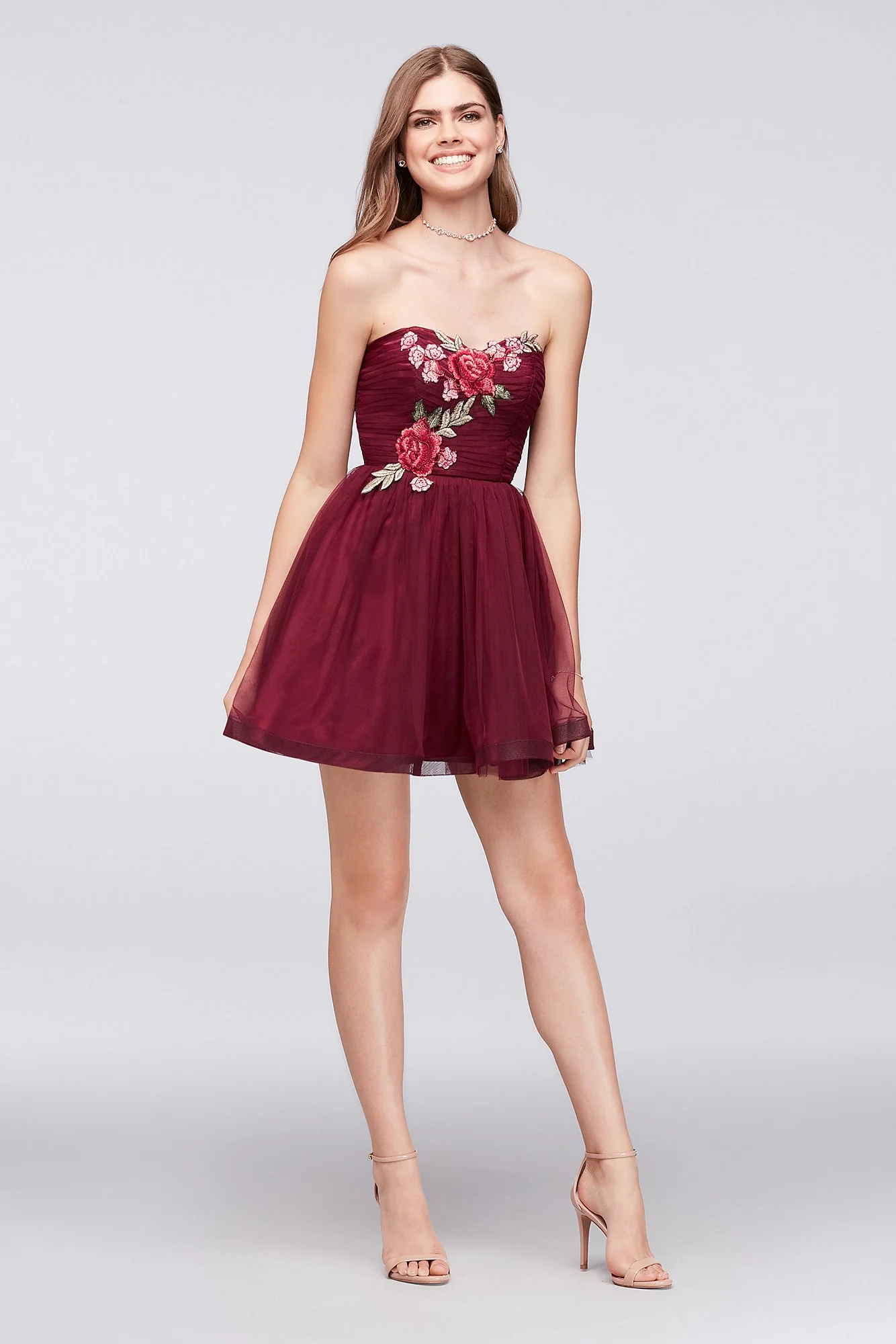 Floral-Appliqued Pleated Mesh Fit-and-Flare Dress