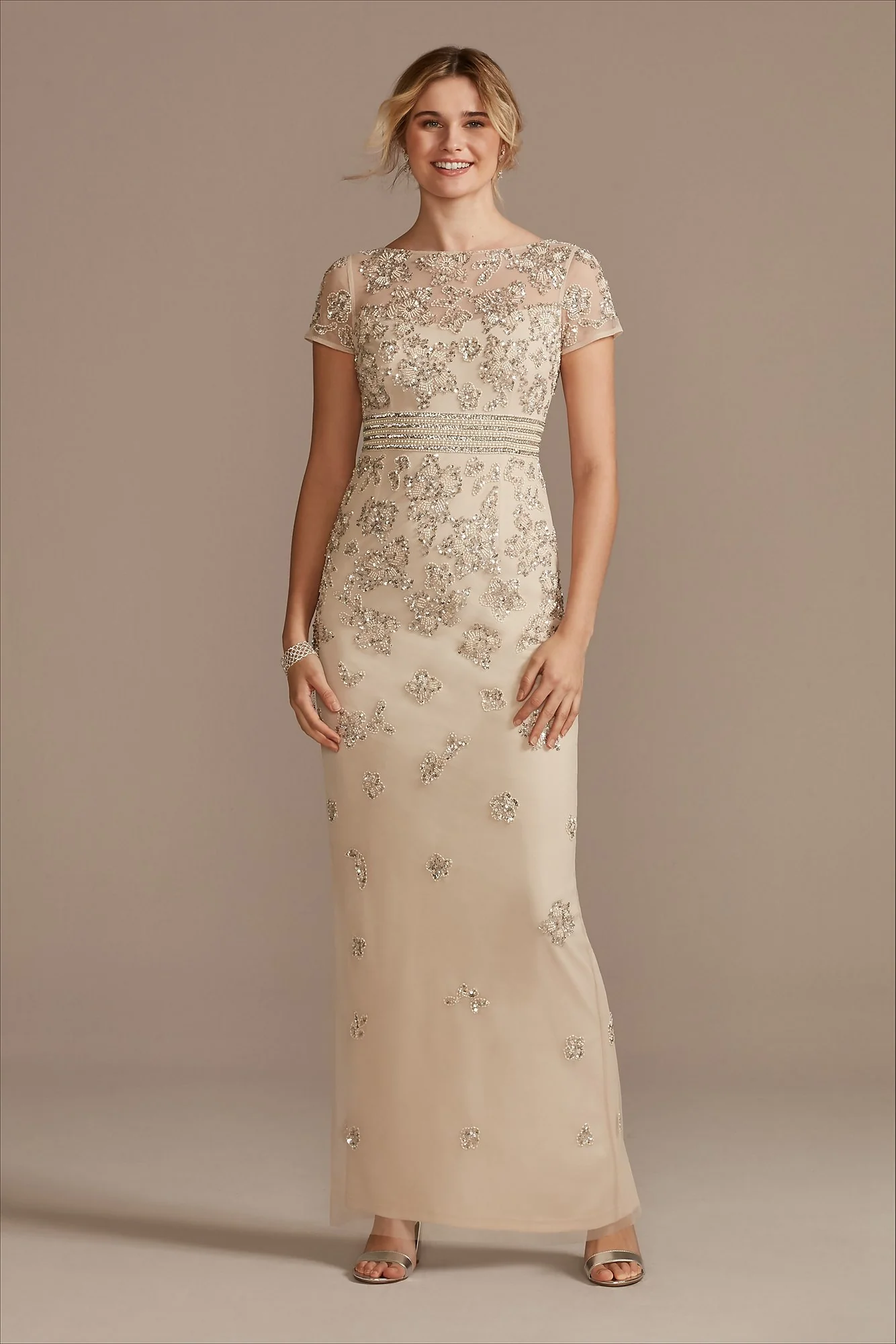 Floral Beaded High Neck Short Sleeve  Sheath Dress