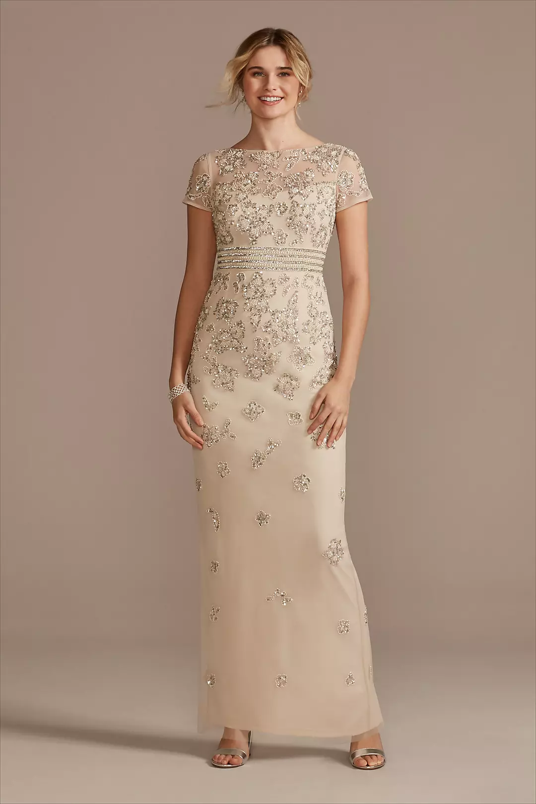 Floral Beaded High Neck Short Sleeve  Sheath Dress - Image 9
