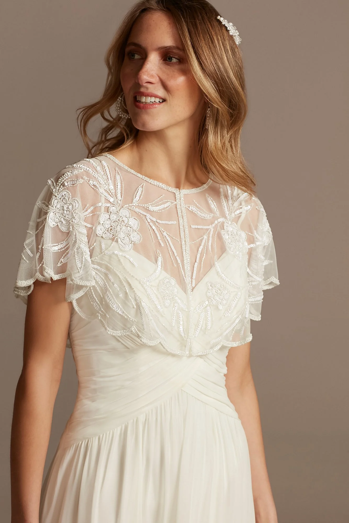 Floral Beaded Mesh Capelet with Scalloped Edge