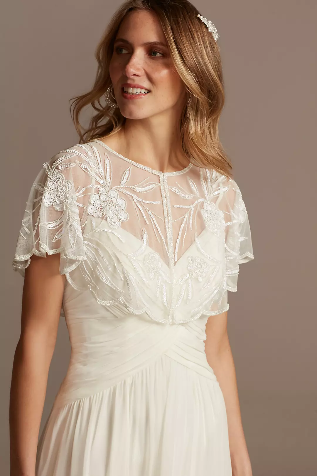Floral Beaded Mesh Capelet with Scalloped Edge - Image 2