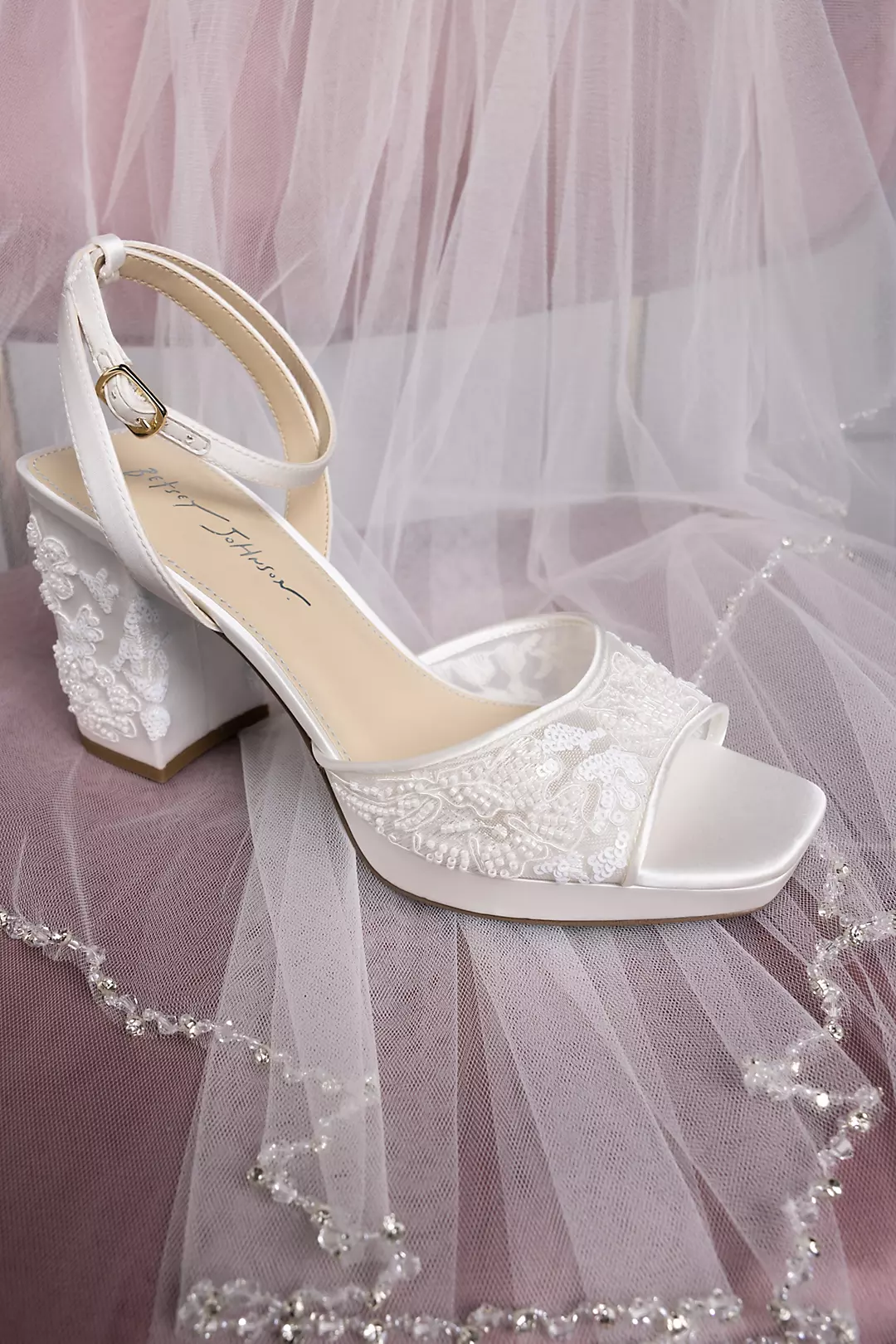 Floral Beaded Satin Block Heel Sandals - Image 3