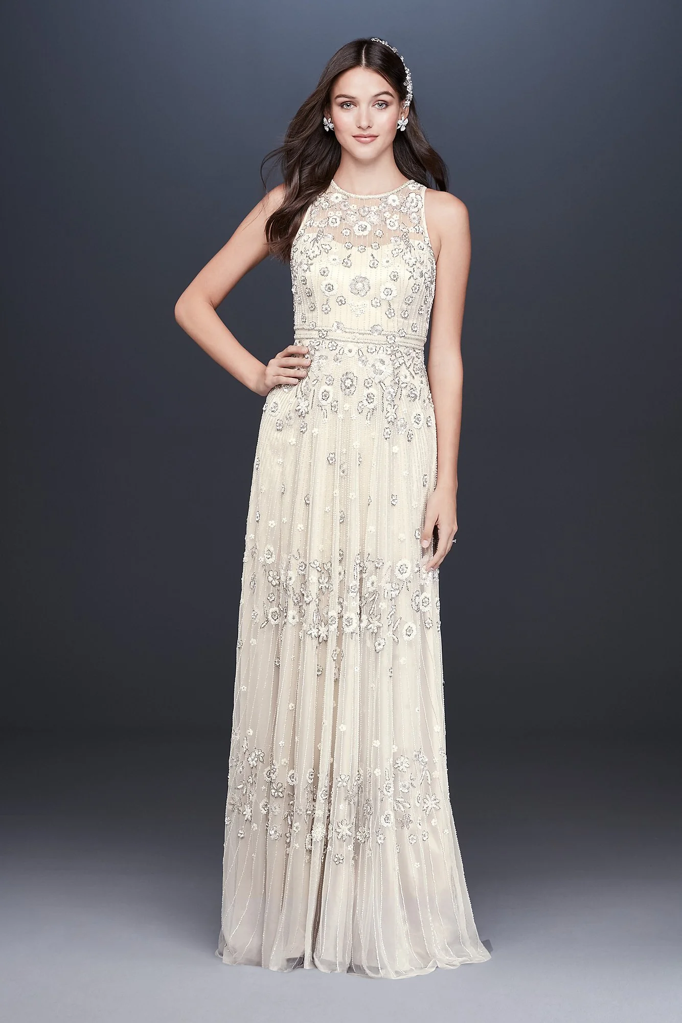 Floral Beaded Tulle Sheath Wedding Dress