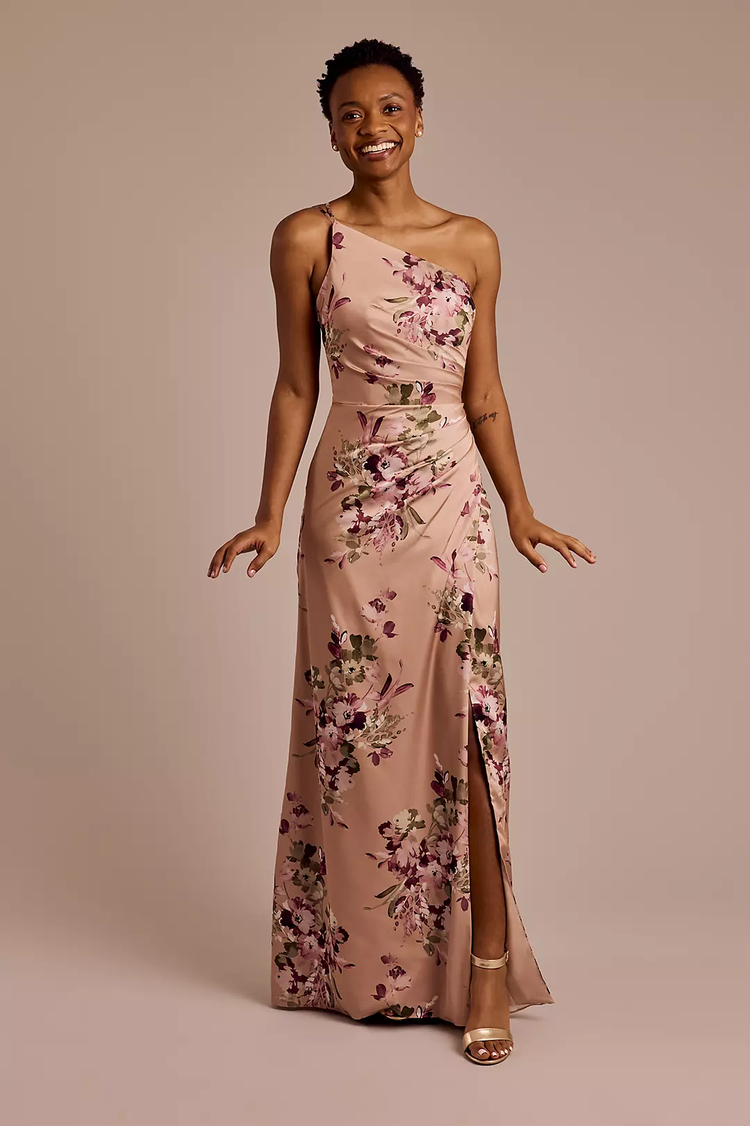 Floral Charmeuse Draped One-Shoulder Dress - Image 9