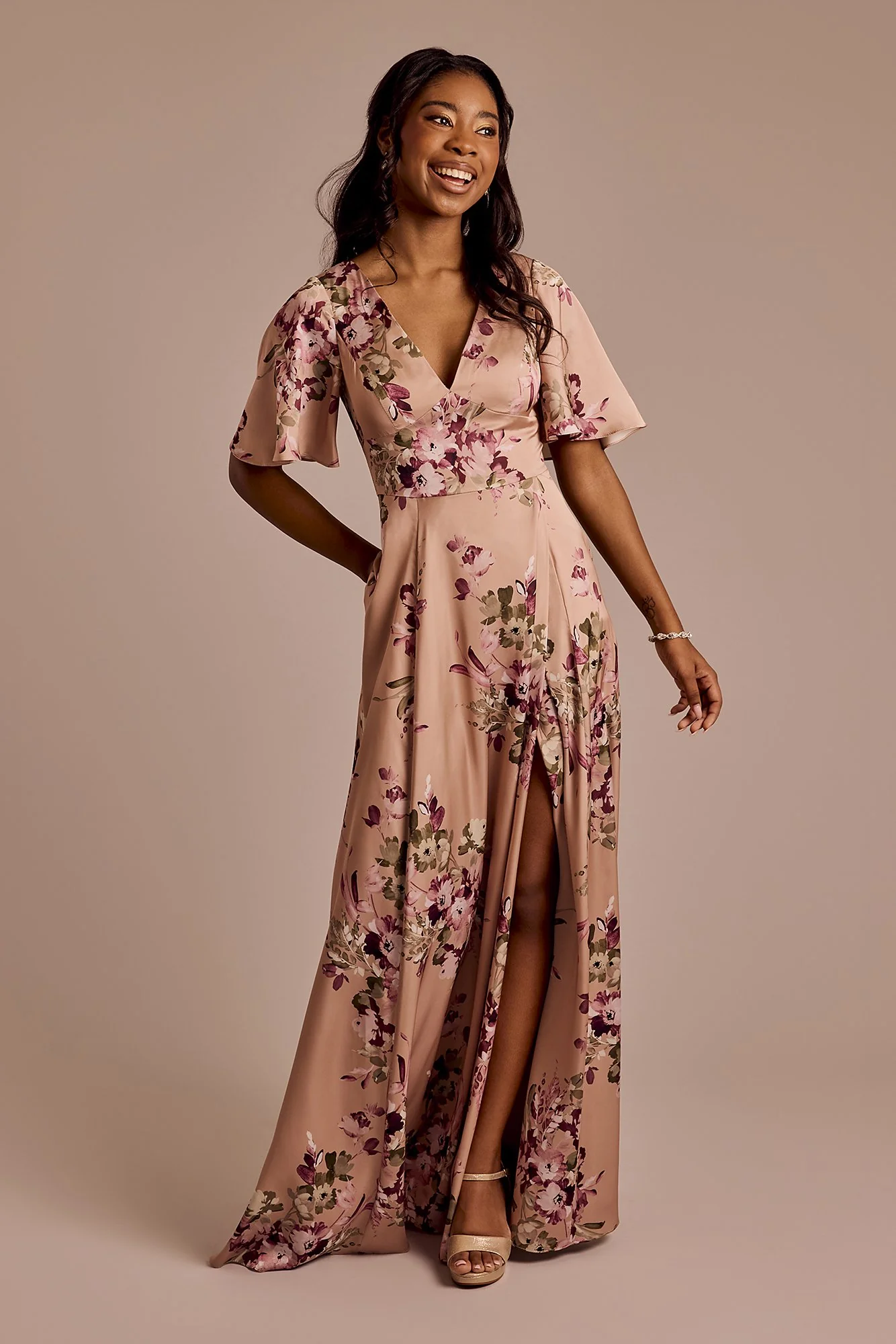 Floral Charmeuse Flutter-Sleeve A-Line Dress