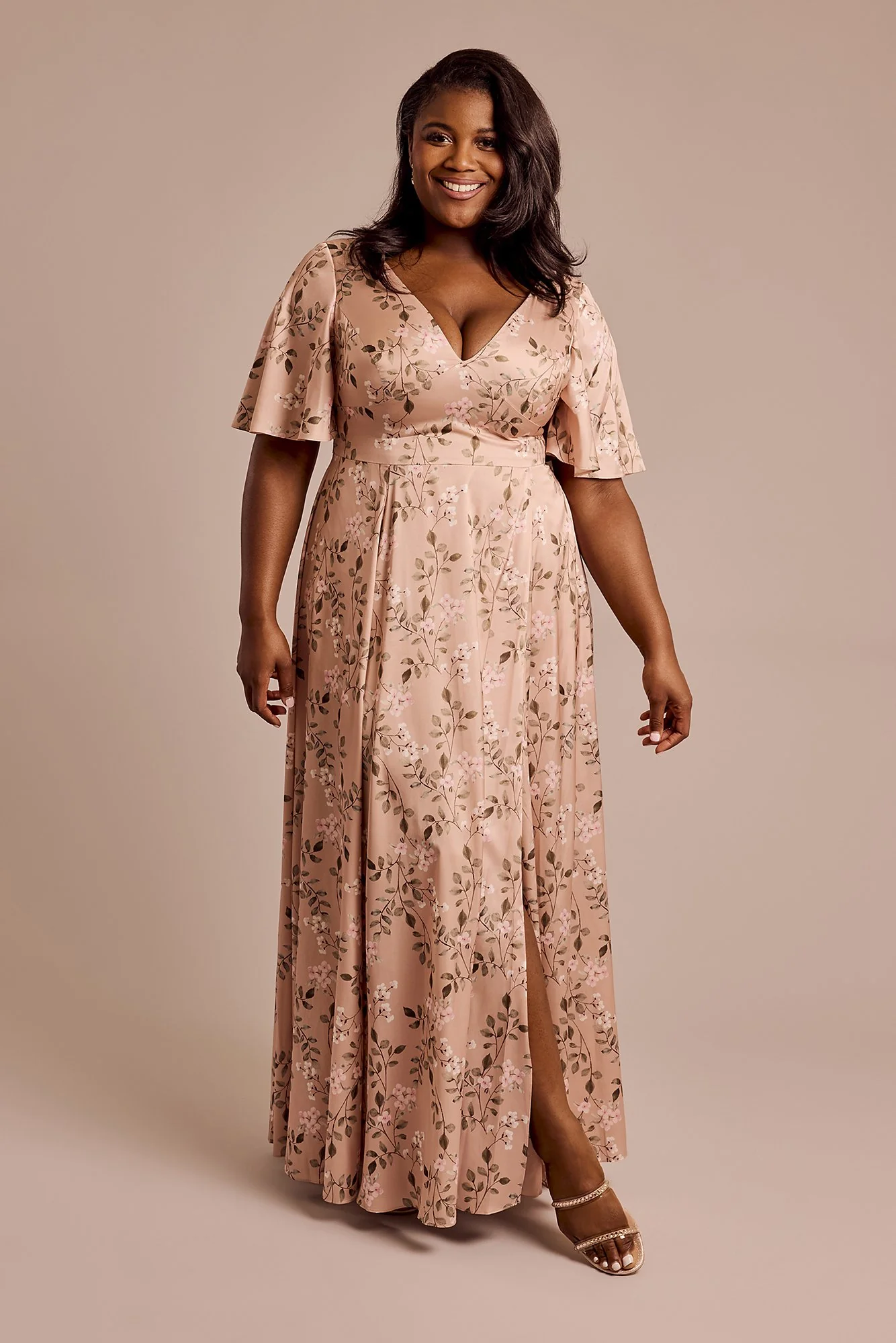 Floral Charmeuse Flutter-Sleeve A-Line Dress - Image 2