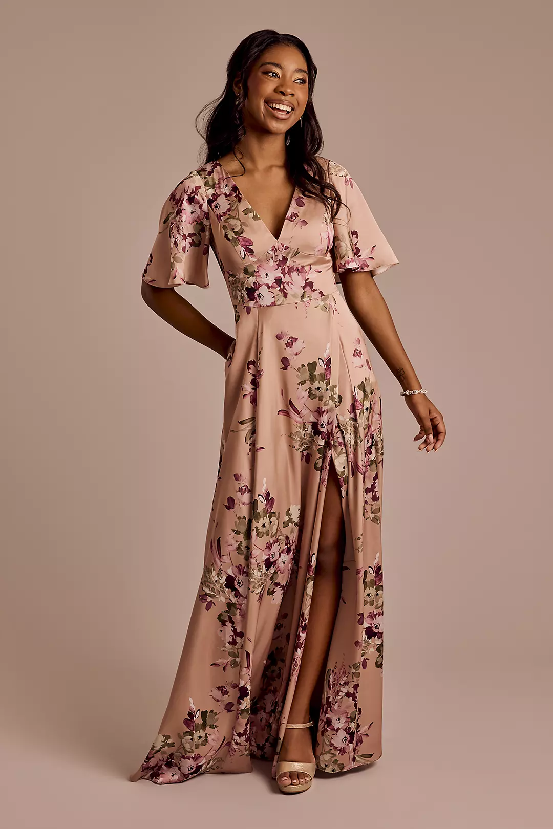Floral Charmeuse Flutter-Sleeve A-Line Dress - Image 7
