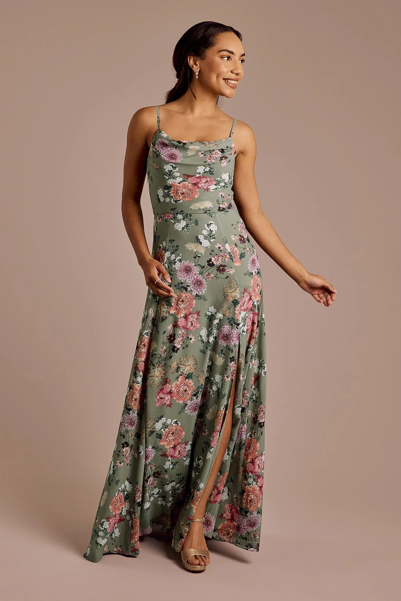 Floral Chiffon Cowl Neck Dress with Slit - Image 11
