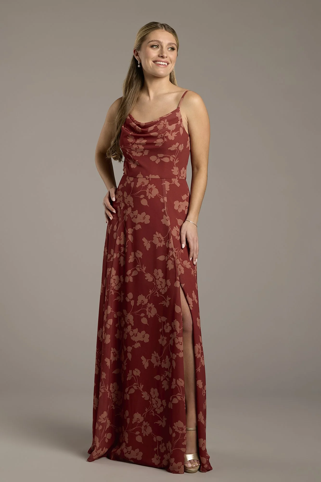 Floral Chiffon Cowl Neck Dress with Slit - Image 15