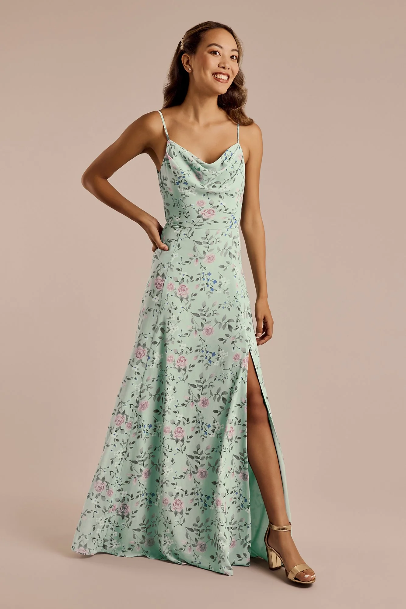 Floral Chiffon Cowl Neck Dress with Slit - Image 7