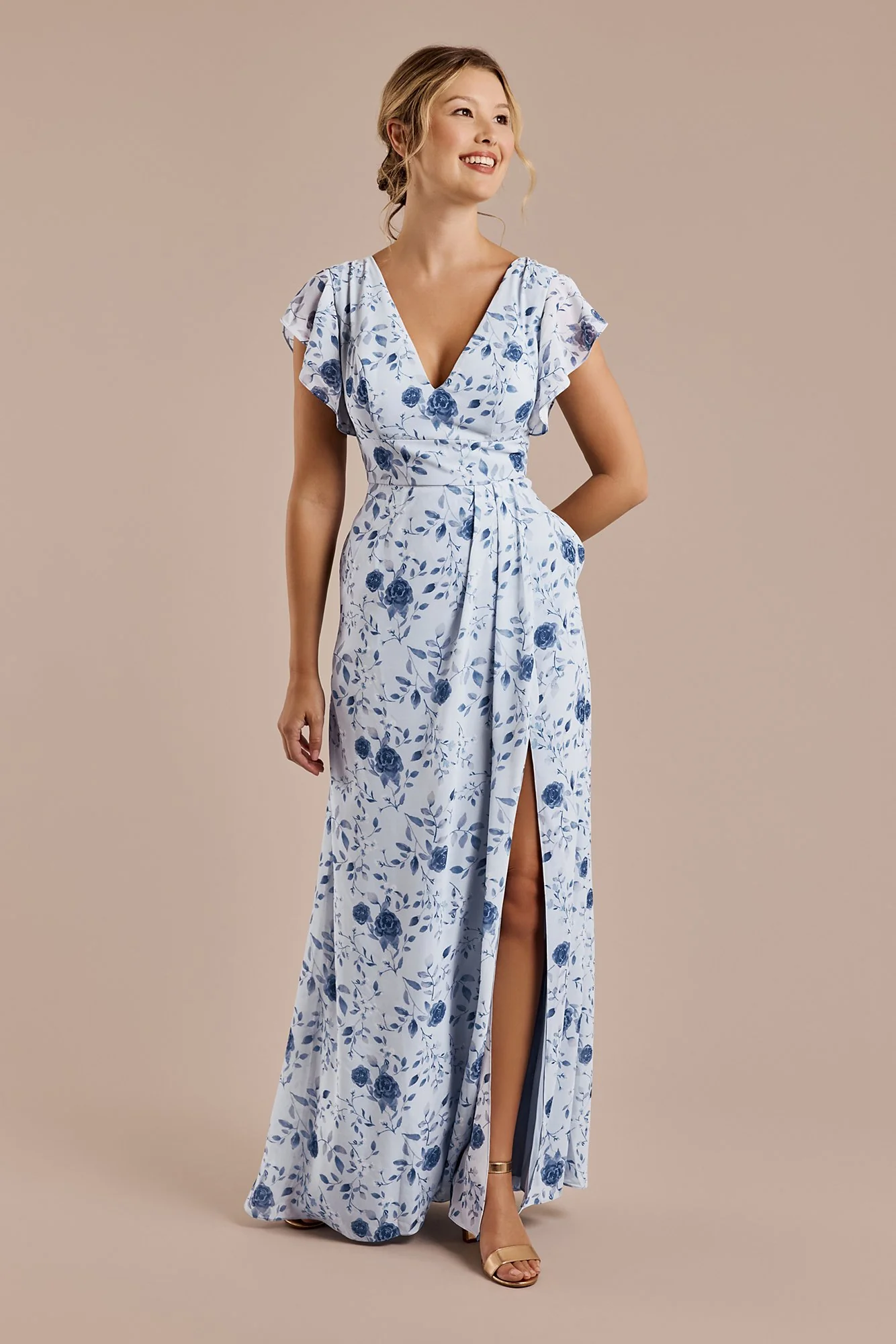 Floral Chiffon Flutter Sleeve V-Neck Dress - Image 20