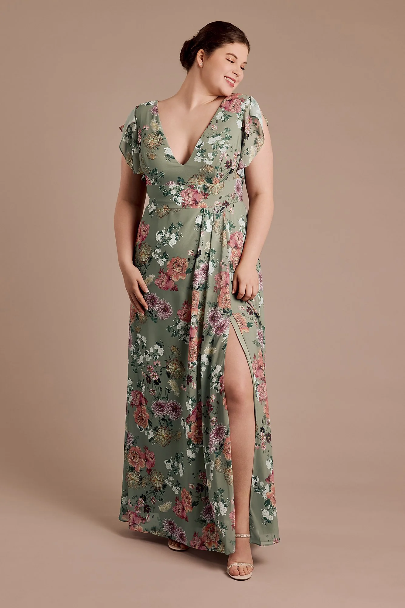 Floral Chiffon Flutter Sleeve V-Neck Dress - Image 31