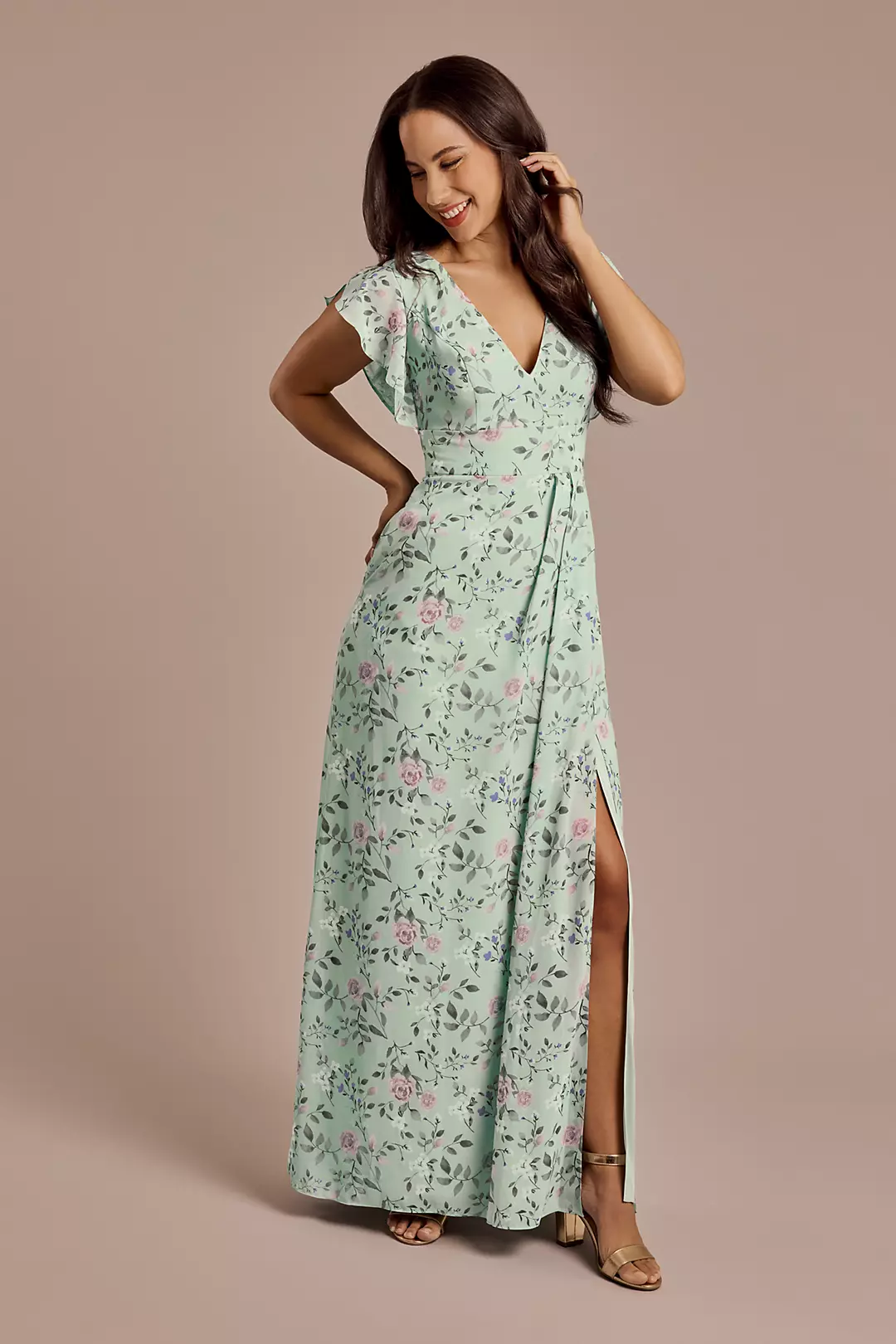 Floral Chiffon Flutter Sleeve V-Neck Dress - Image 34