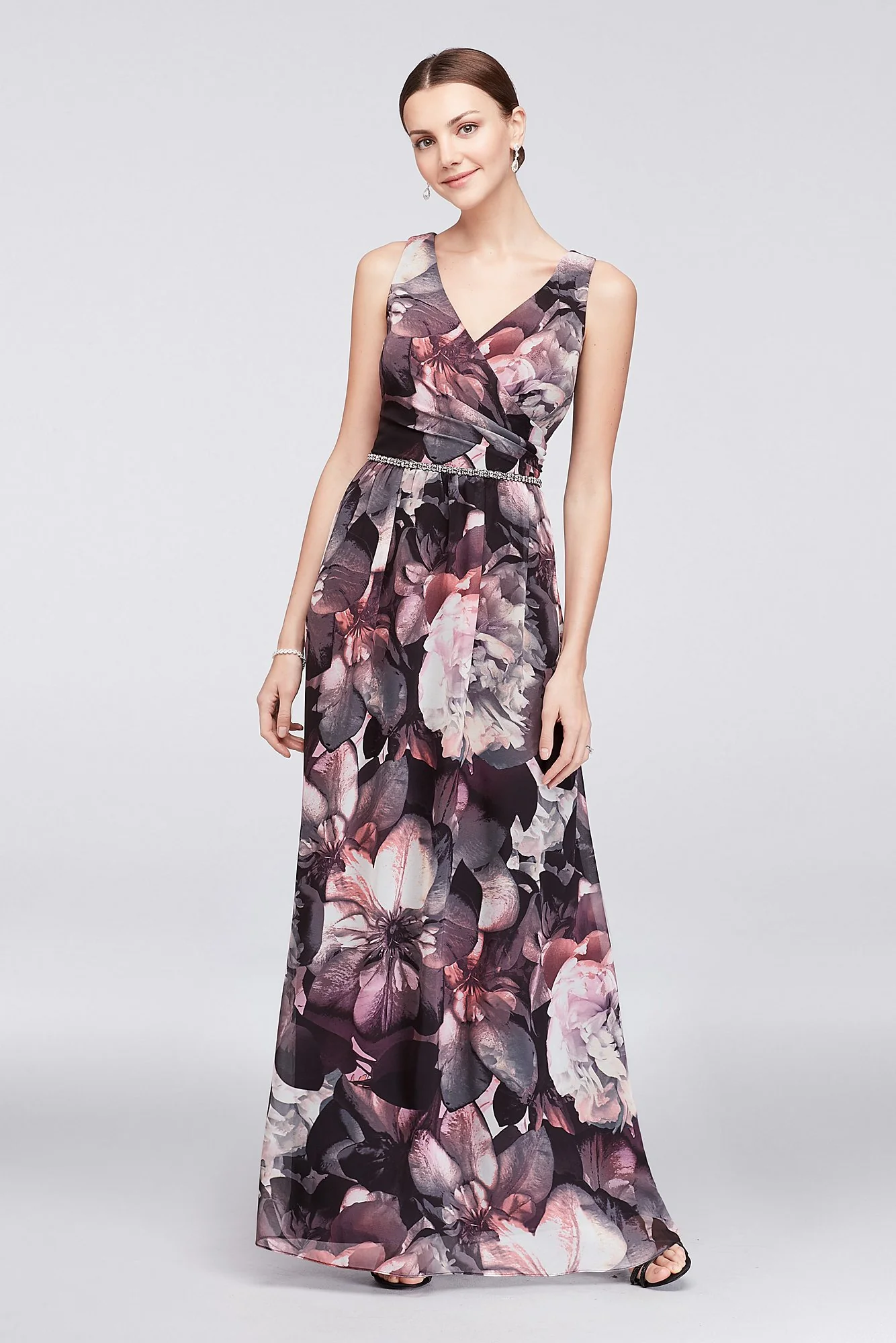 Floral Chiffon Surplice Gown with Beaded Waist - Image 2